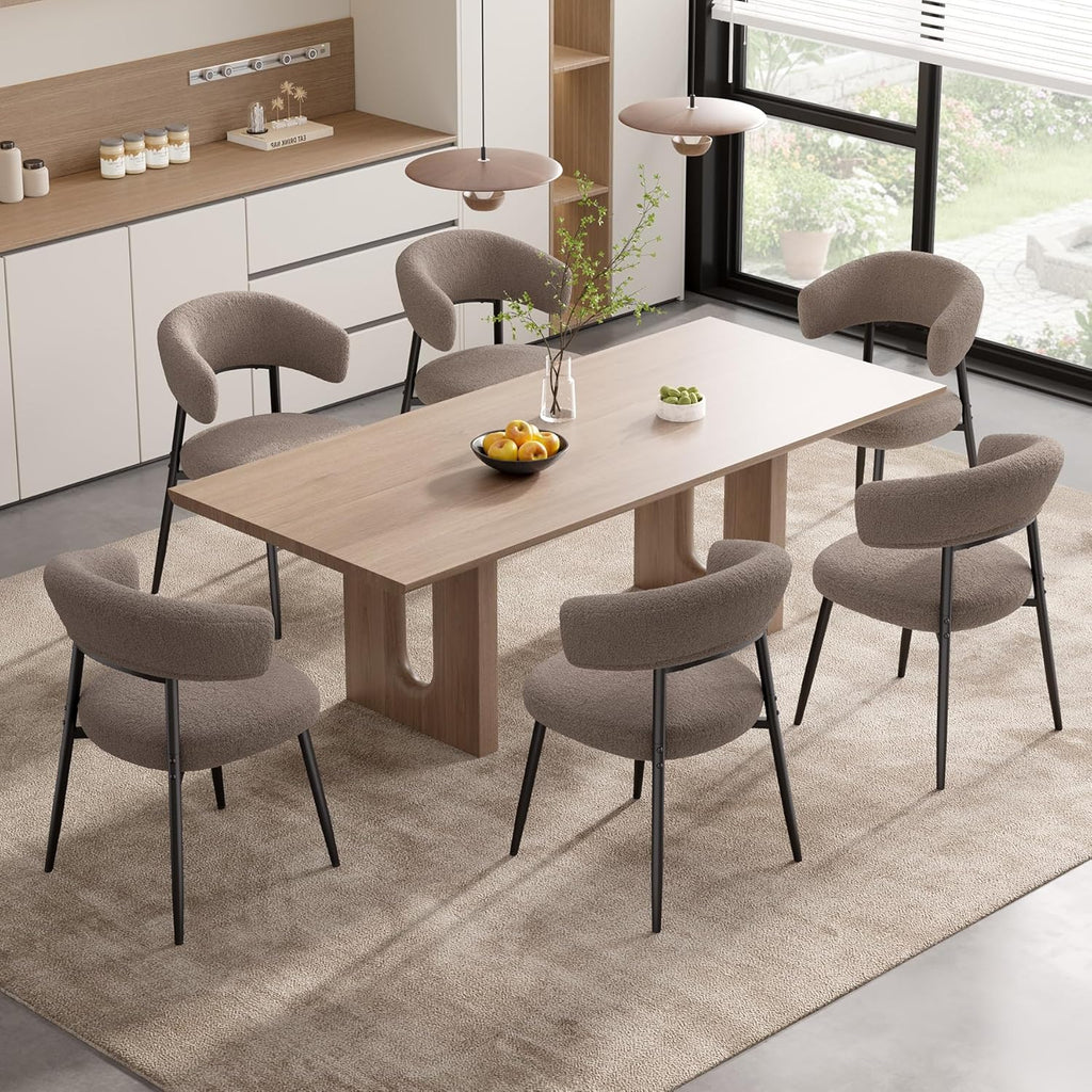 Dining Chairs Set of 4, Mid Century Modern Kitchen Chairs, Boucle Upholstered Dining Chair with Curved Backrest & Metal Legs for Kitchen Dining Room, Brown