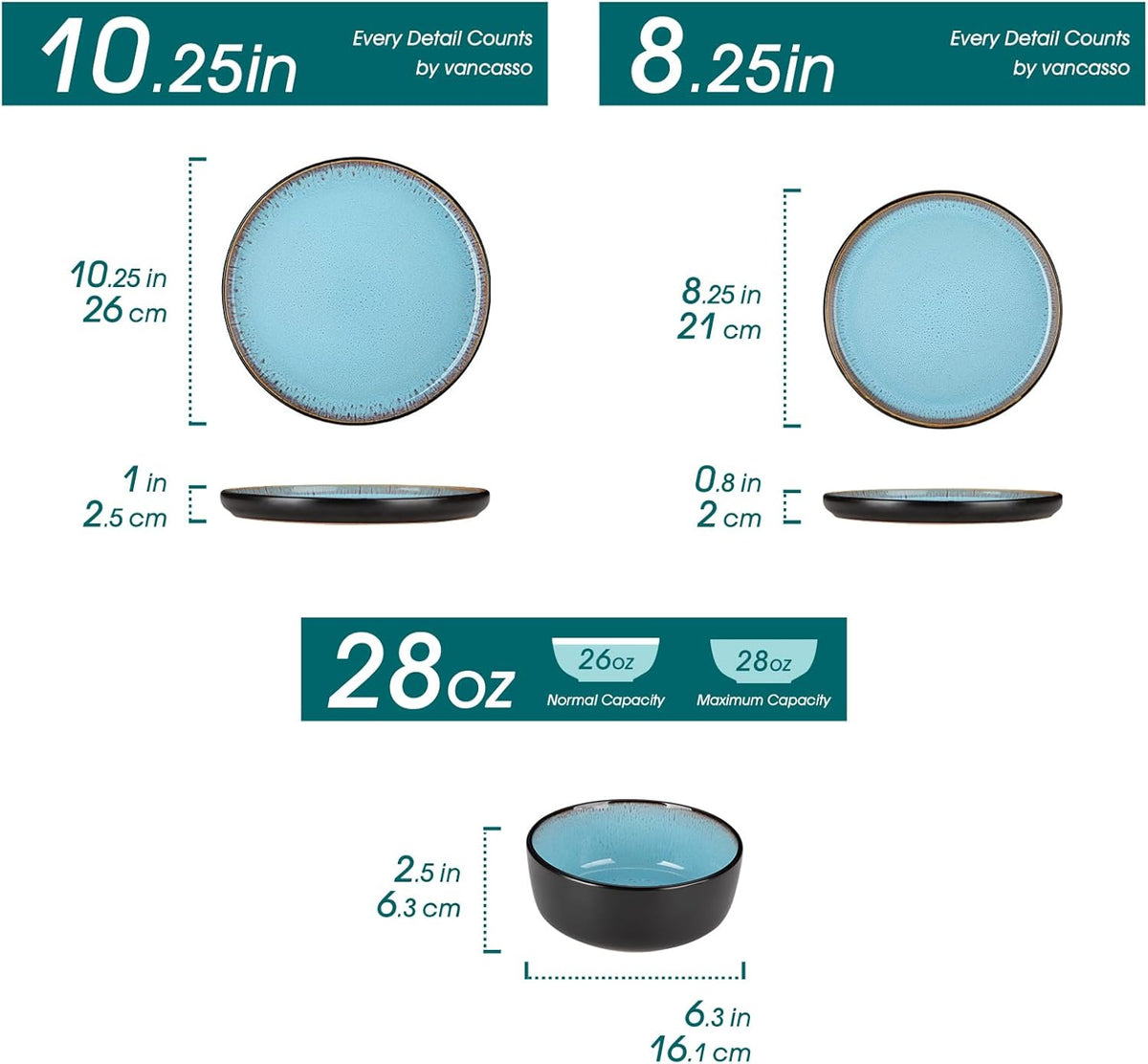 vancasso Plates and Bowls Sets, 24 Pieces Stoneware Dinnerware Sets for 8, Kitchen Dish Set Mircowave and Dishwasher Safe Ceramic Dishware, Blue, Series AMBER
