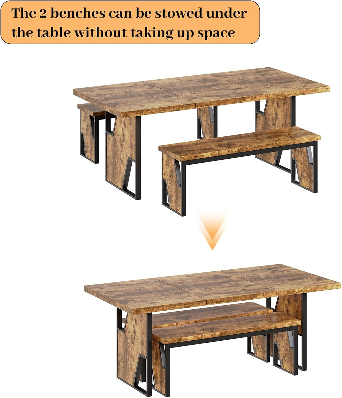 HIPIHOM 70.8" Wooden Dining Table with 2 Benches, Modern Kitchen Table and Chairs Set for 4-6 Person, Thickened MDF Wooden Table with Dining Bench for Living Dining Room, Kitchen, Office