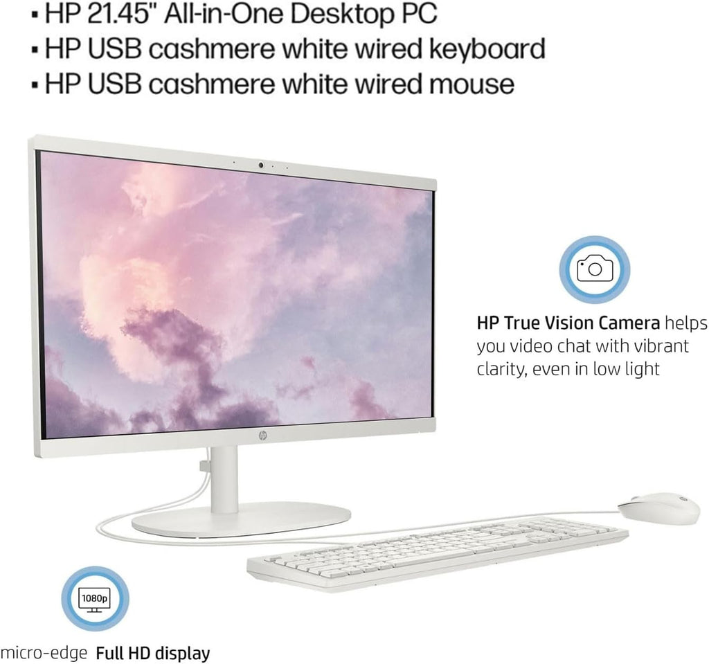 HP 2022 All-in-One Desktop, 21.5" FHD Display, Intel Celeron J4025 Processor, 8GB RAM, 256GB PCIe SSD, Webcam, WiFi, HDMI, RJ-45, Wired Keyboard&Mouse, Windows 11 Home, White