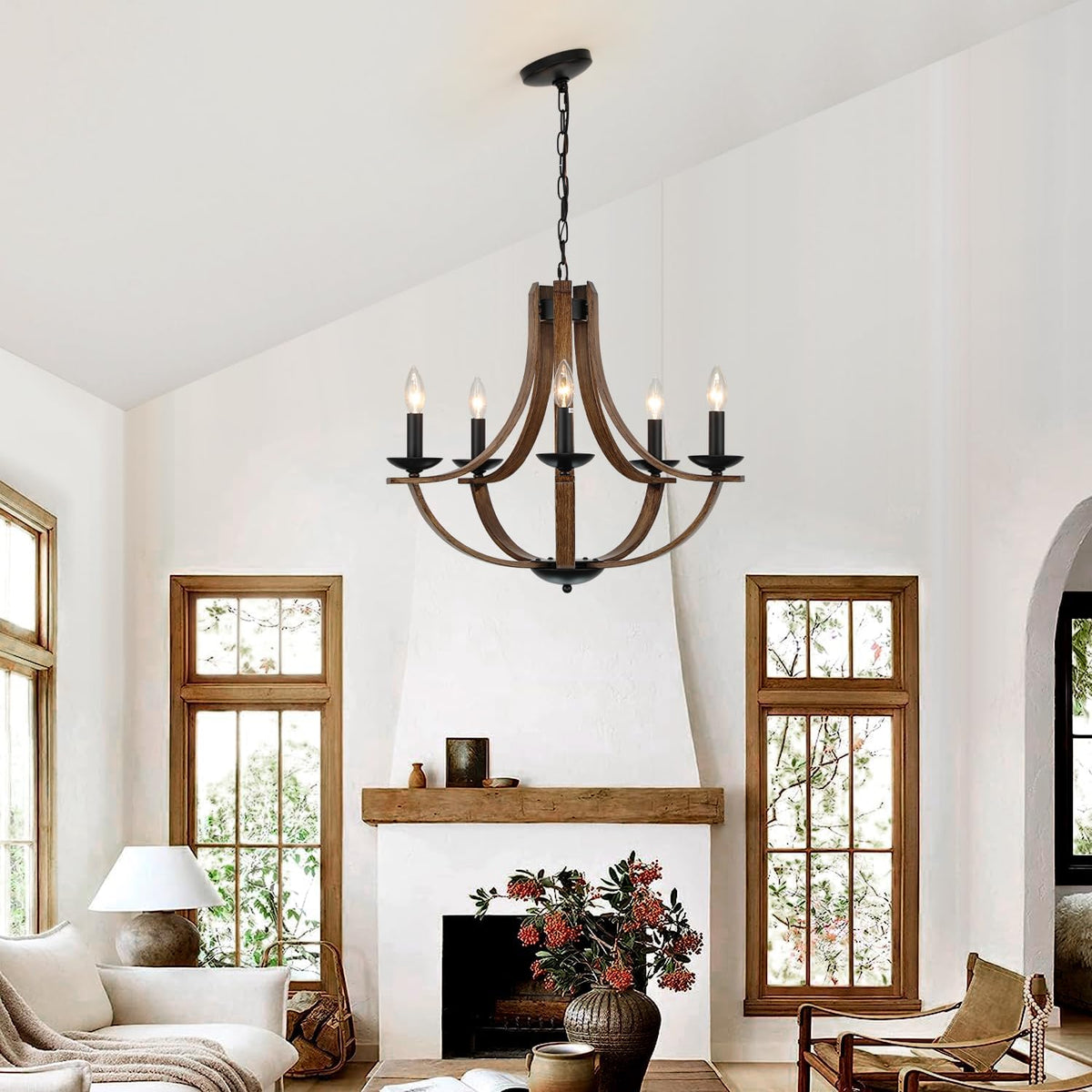 LAMPKEDUO Farmhouse Chandeliers for Dining Room Light Fixture, 5-Light 24 inch Faux Wood Texture Hanging Lighting Fixtures, Rustic Candle Chandeliers for Living Room Kitchen Island Foyer Entryway