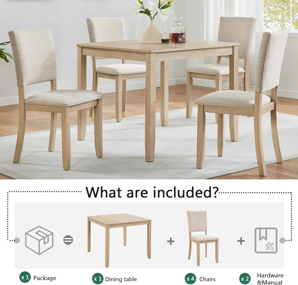 Harper & Bright Designs Modern 5-Piece Wooden Dining Table Set for 4 - Small Space 34.5" Square Kitchen Table & Upholstered Seats Chairs,Compact Apartment Dining Set,Light Oak + Beige