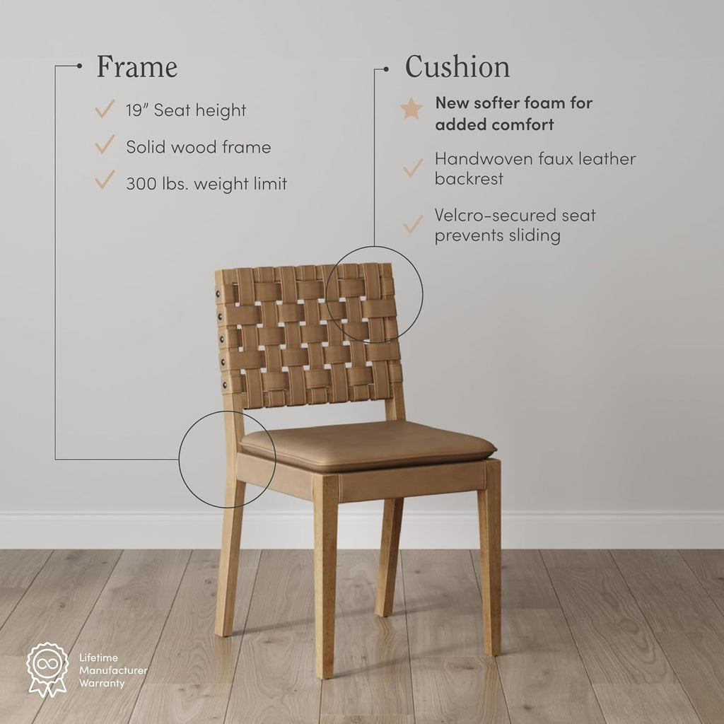 Nathan James Cohen Wood Dining Chair, Mid-Century Modern Upholstered Side Chair with Hand Woven Faux Leather Backrest, Natural Brown, Set of 2
