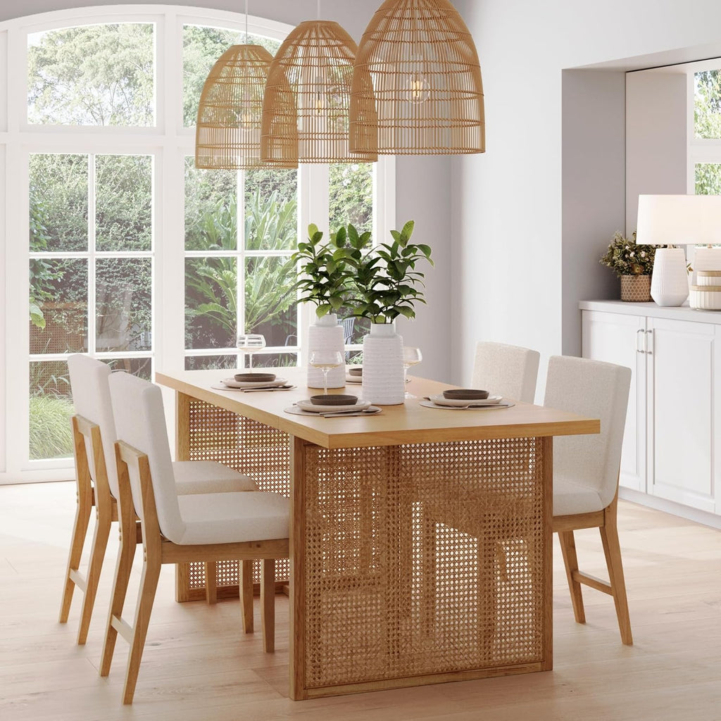 Nathan James Willow Boho Dining Table for 6 with Solid Wood Legs, 6-Person Natural Wood Dining Table, Warm Pine or Brown with Bohemian Rattan Accent