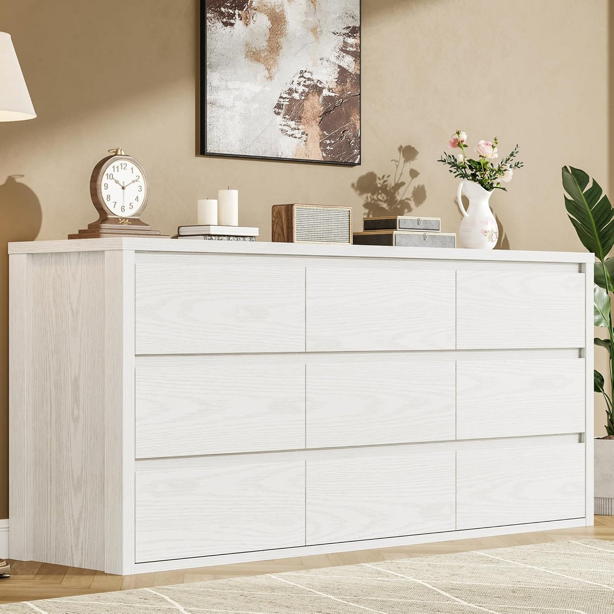 IDEALHOUSE Rustic Farmhouse 9 Dresser for Bedroom,Wooden Drawer Dresser,Handle-Free Storage Cabinet with Drawers for Bedroom, Living Room & Hallway, with Anti-Tip Safety,White