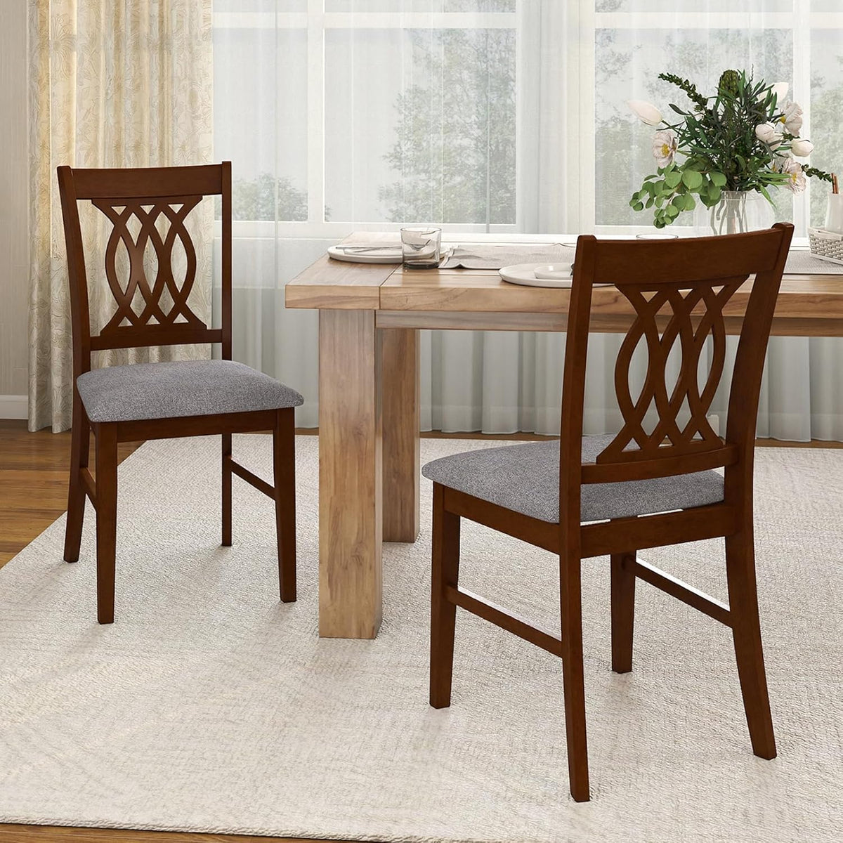 Giantex Upholstered Dining Chairs Set of 4, Farmhouse Fabric Side Chairs w/Cushioned Seats, Patterned Backrests, Sturdy Rubber Wood Frames, Wooden Accent Chairs for Kitchen, Dining Room