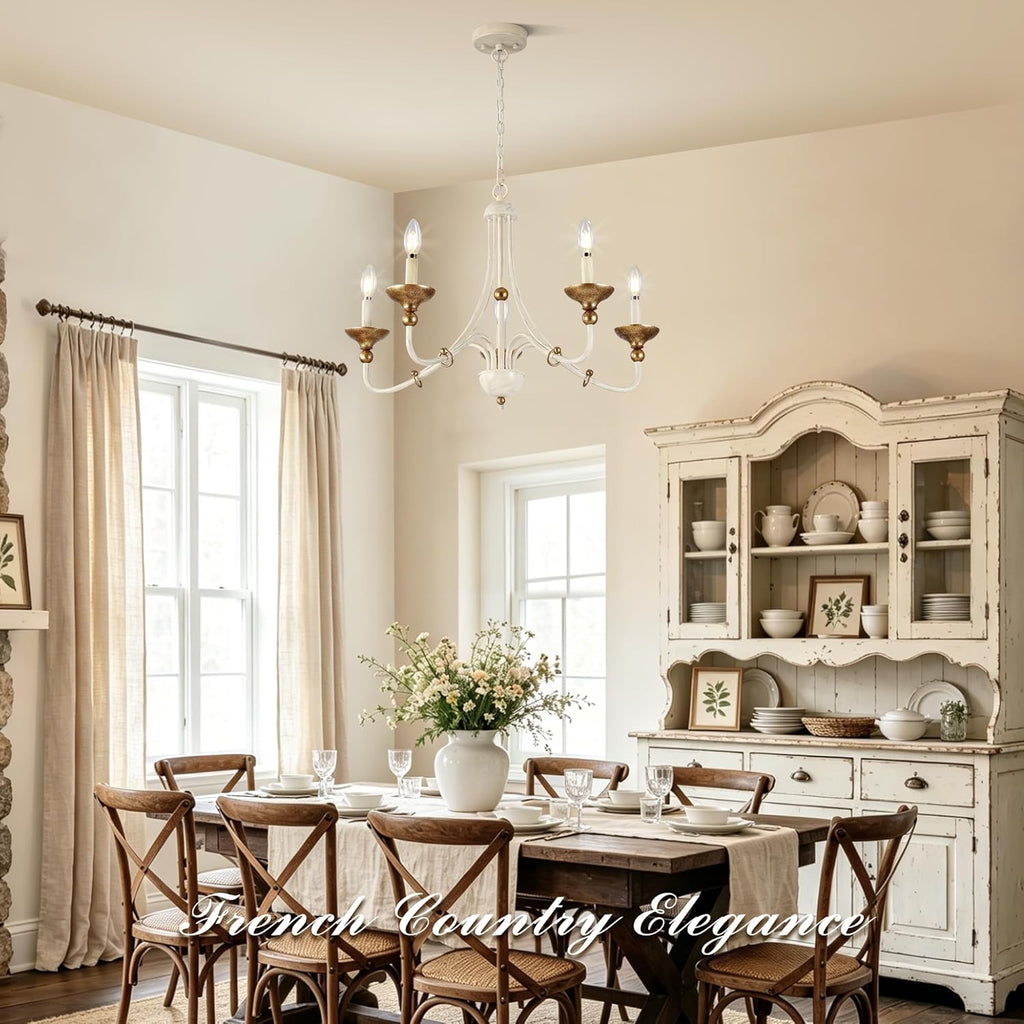 27.1" French Country Chandeliers for Dining Room, 5-Light Farmhouse Candle Chandelier, Rustic Vintage White&Antique Gold Metal Pendant Light Fixture for Kitchen Island Bedroom Living Room Foyer