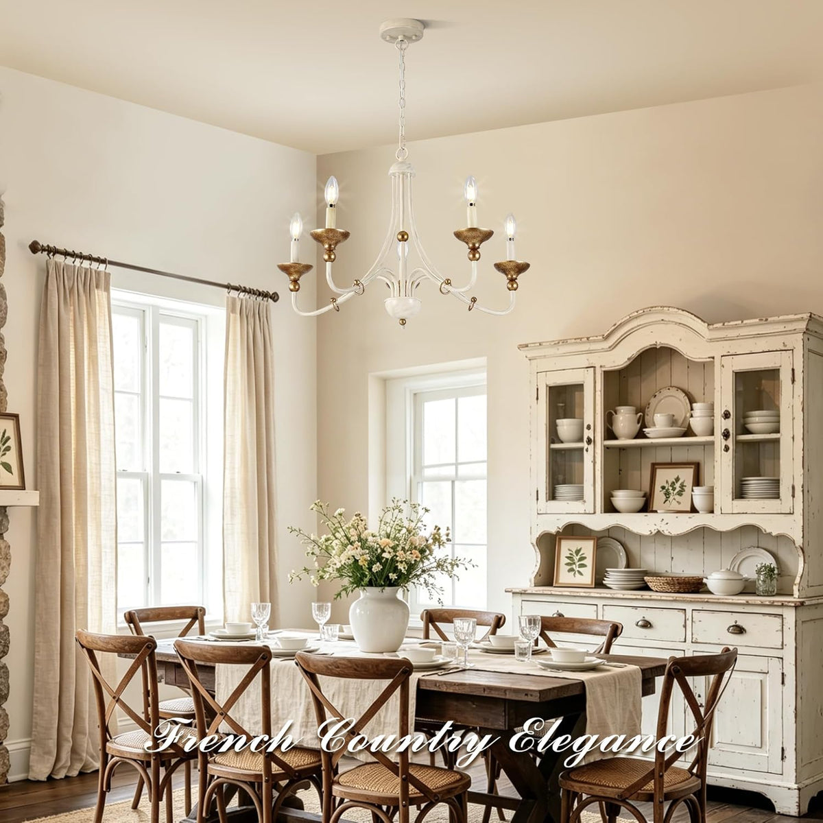 27.1" French Country Chandeliers for Dining Room, 5-Light Farmhouse Candle Chandelier, Rustic Vintage White&Antique Gold Metal Pendant Light Fixture for Kitchen Island Bedroom Living Room Foyer