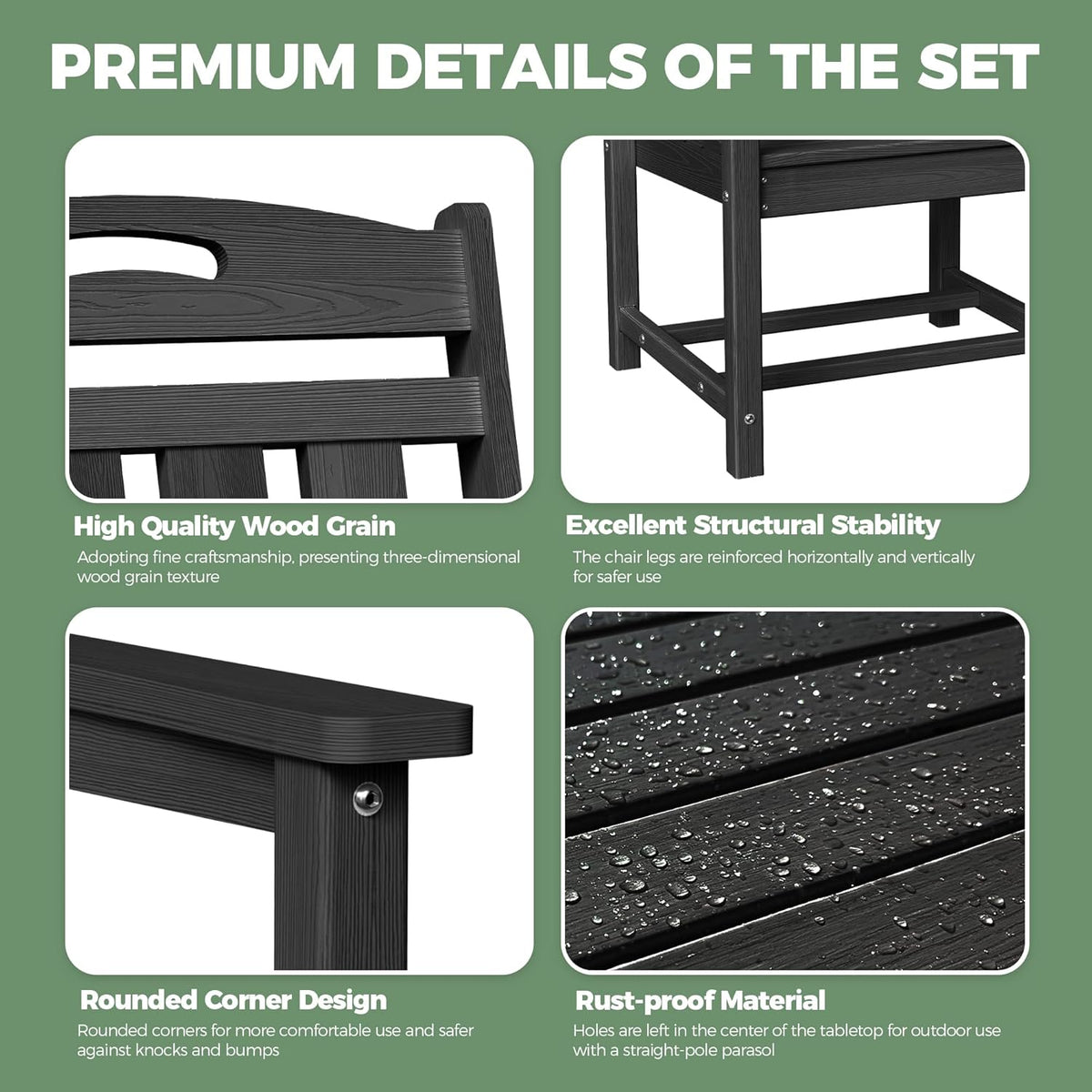 HDPE Outdoor Dining Set, Patio Table and Chairs Set, All-Weather 7-Piece Outside Table and 6 Chairs, 2" Umbrella Hole, Outdoor Furniture for Garden, Poolside, Backyard, Deck | Black