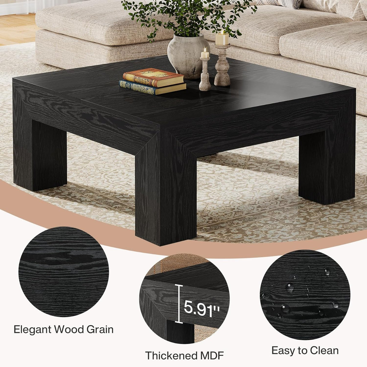 Tribesigns 39.4-Inch Square Coffee Table for Living Room, Farmhouse Accent Center Cocktail Table with Sturdy Wooden Legs, Easy Assembly, MDF, Black