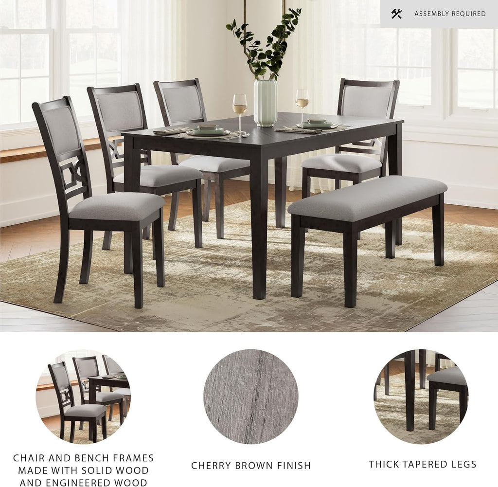 Signature Design by Ashley Langwest Dining Room Table Set, 4 Upholstered Chairs and Bench, Seats 6, Cushioned Seats, Wood, Cherry Brown