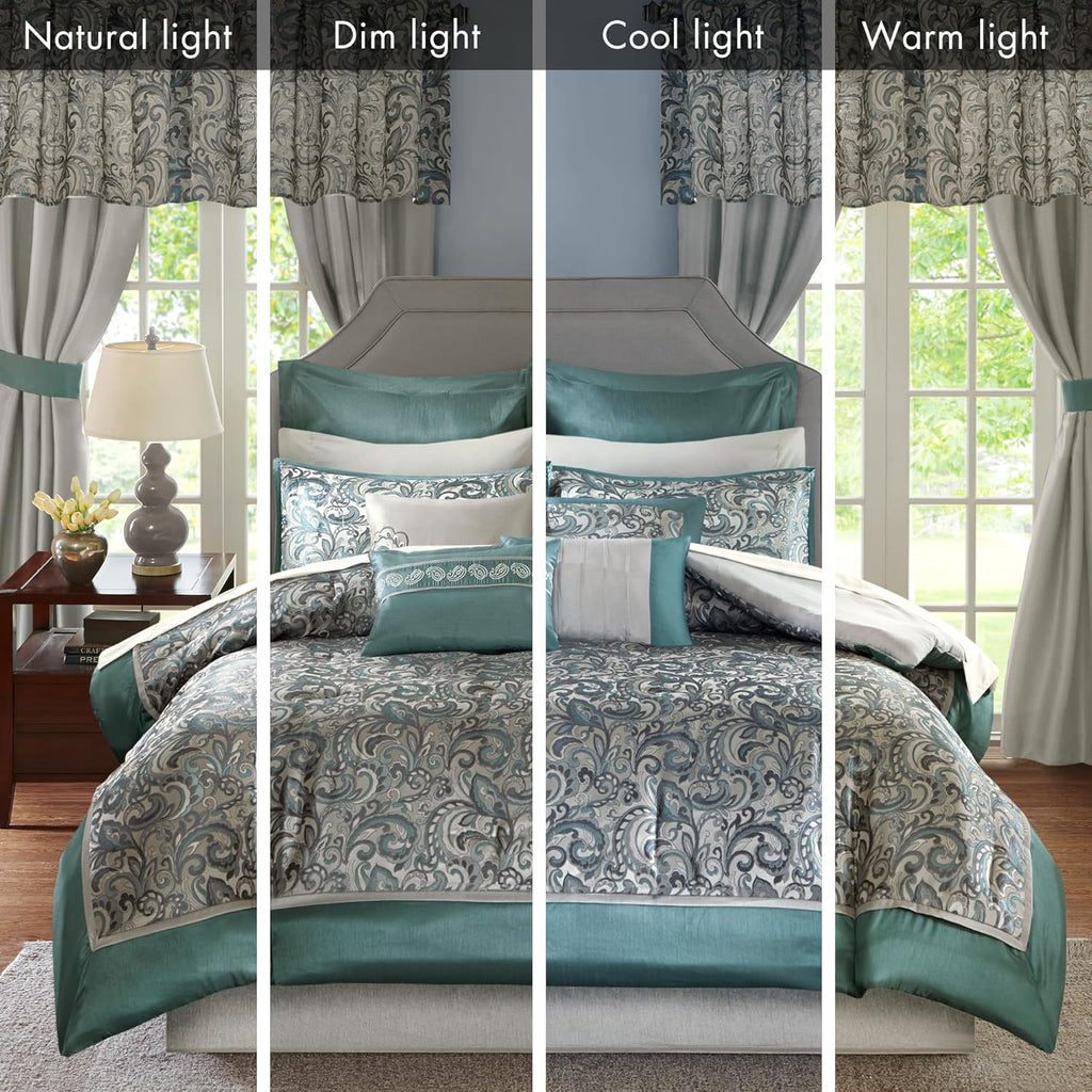 Madison Park 24 Piece Faux Silk Paisley Queen Comforter Set with Matching Curtains, Down Alternative Hypoallergenic - Teal, Queen (90 in x 90 in)