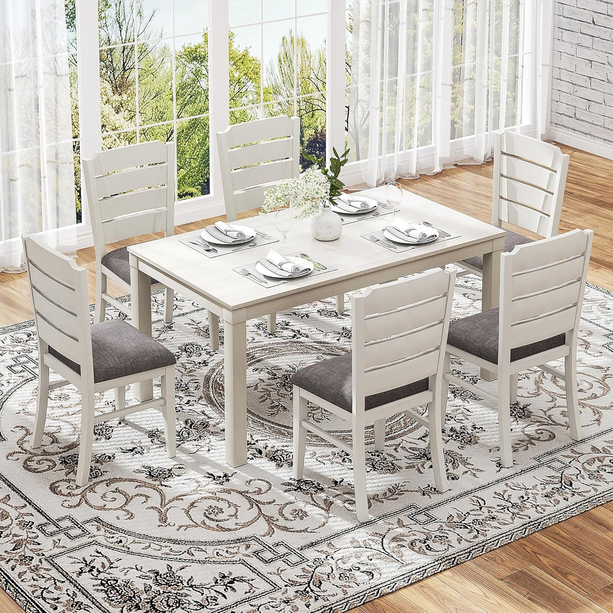 VECELO 7-Piece Solid Wood Dining Table Set with 6 Upholstered Chairs, Farmhouse Design for Kitchen & Small Spaces, for Dining Room, Kitchen, Gray
