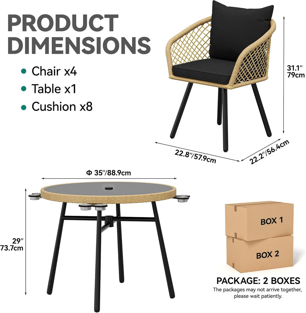YITAHOME Outdoor Dining Set with Umbralle Hole, 5pcs Rattan Patio Dining Set for 4 with Cup Holders Soft Cushions and Glass Top Dining Table for Patio, Backyard, Garden, Bacony, Light Brown & Black