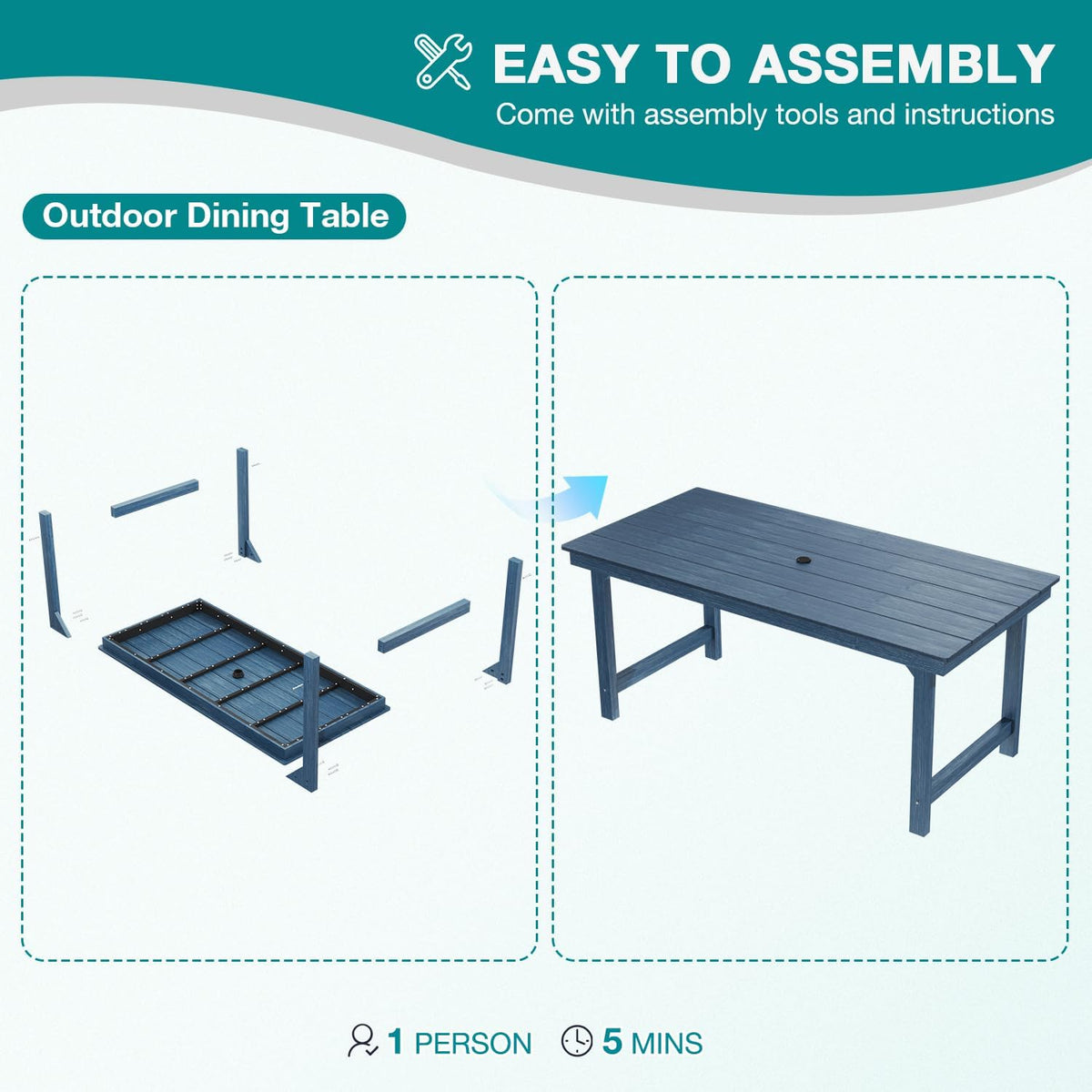 Mdeam 7-Piece HIPS Outdoor Dining Set, 66.9" Patio Table with Umbrella Hole, 440LBS Capacity, 6 Wider Chairs, Dining Table Set for 6, Indoor Outdoor Furniture with Galvanized Steel Frame, Navy Blue