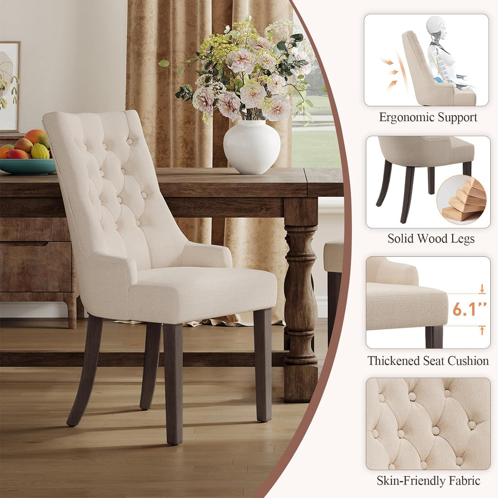COLAMY Fabric Side Dining Chairs Set of 4, Wingback Upholstered Dining Room Chairs with Tufted Button, Living Room Chairs for Home Kitchen, Beige