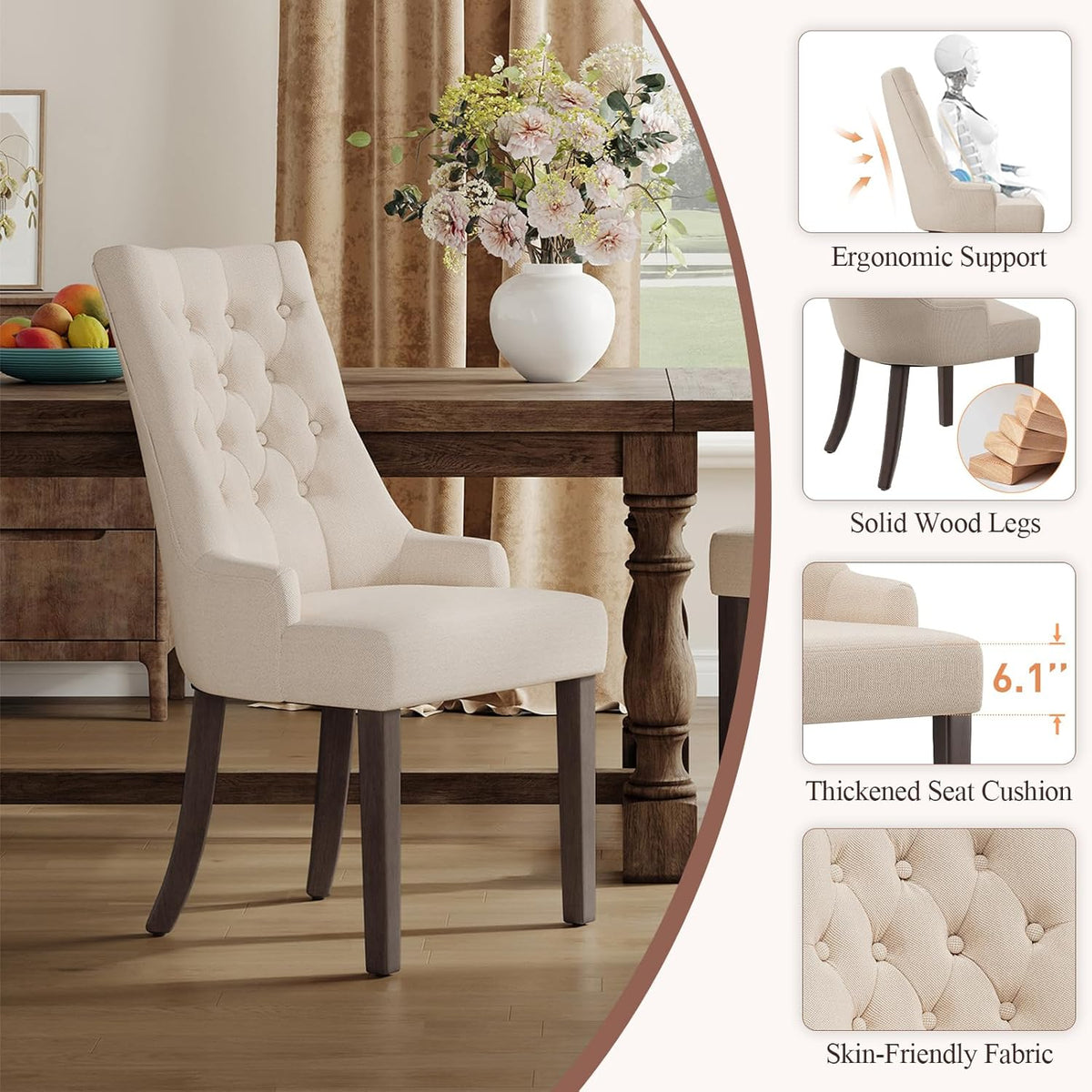 COLAMY Fabric Side Dining Chairs Set of 4, Wingback Upholstered Dining Room Chairs with Tufted Button, Living Room Chairs for Home Kitchen, Beige