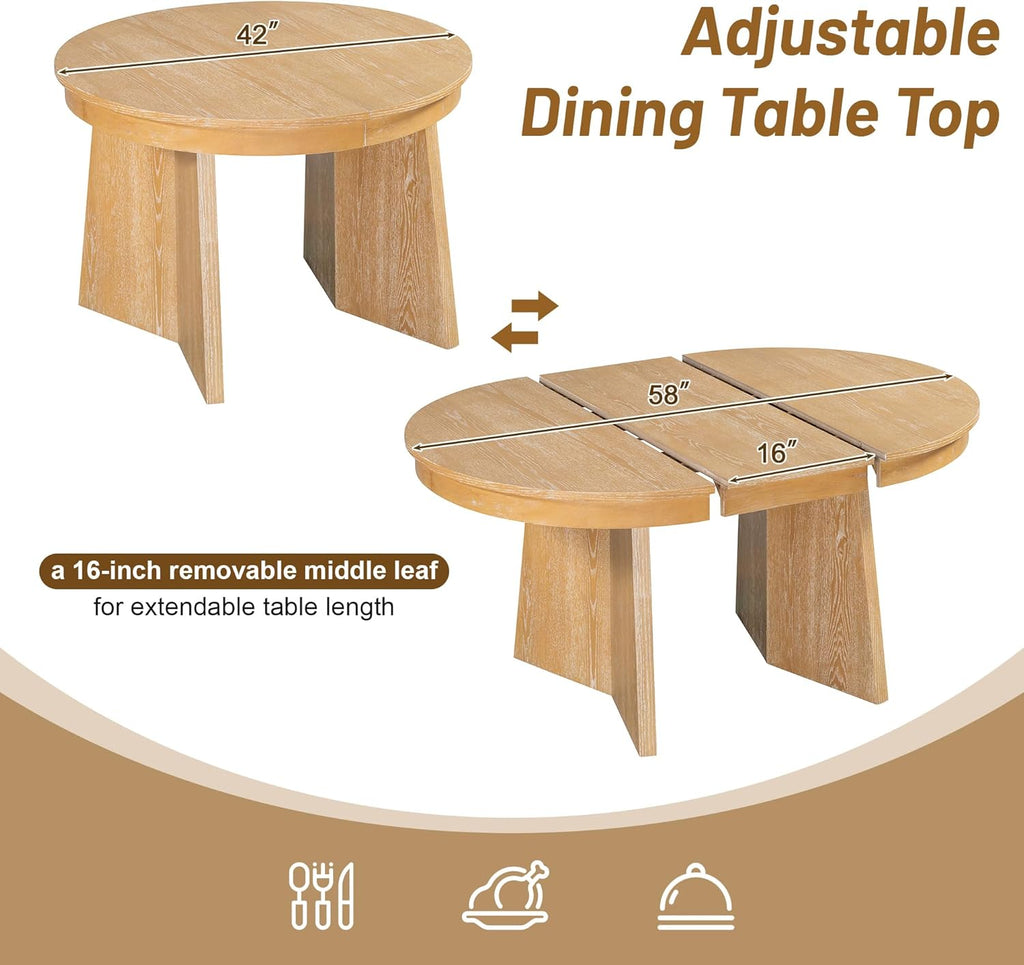 Harper & Bright Designs Farmhouse Wood Round Dining Table Set for 4, 5-Piece Extendable Kitchen Table with 4 Upholstered Chairs with Rattan Backrests for Dining Room and Kitchen (Natural Wood Wash)