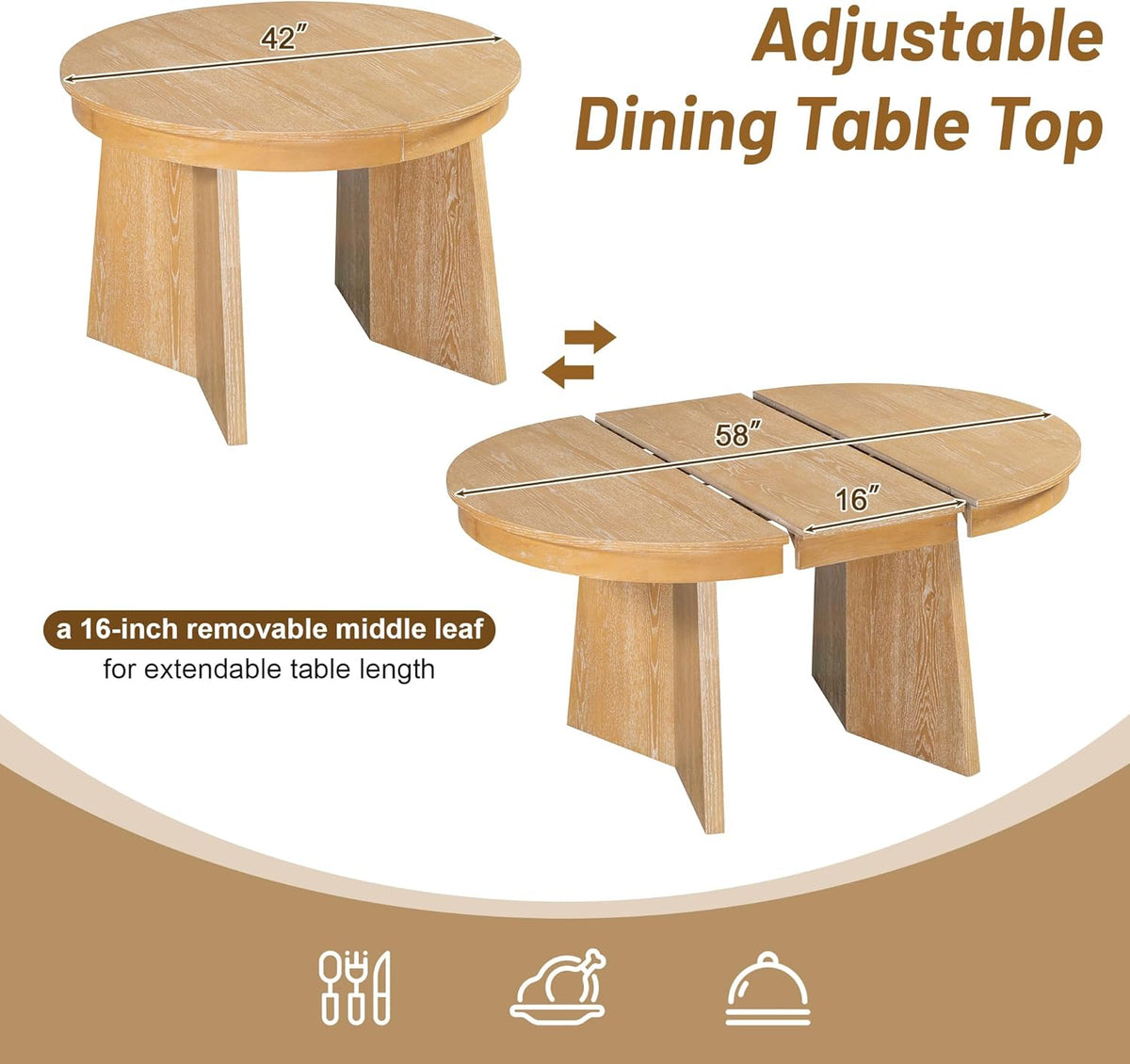 Harper & Bright Designs Farmhouse Wood Round Dining Table Set for 4, 5-Piece Extendable Kitchen Table with 4 Upholstered Chairs with Rattan Backrests for Dining Room and Kitchen (Natural Wood Wash)
