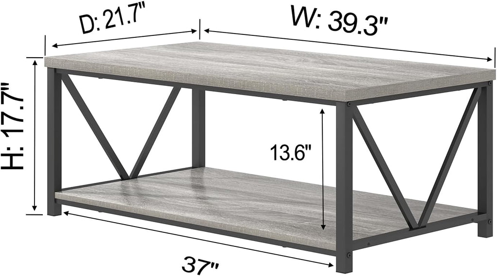 FOLUBAN Modern Coffee Table, Rustic Wood and Metal Center Table with Storage Shelf, Industrial Cocktail Table for Living Room, Light Grey, 39 Inch