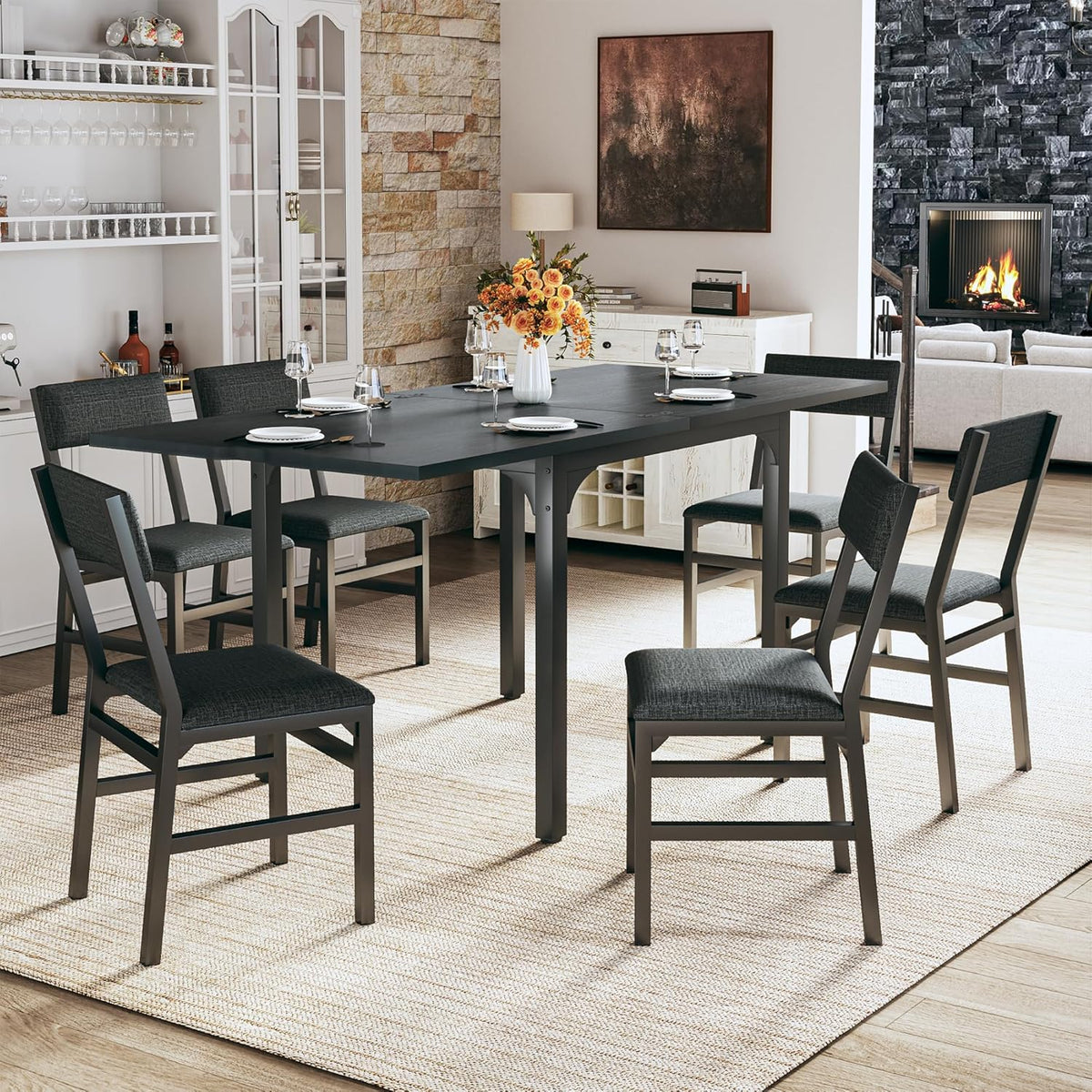 7-Piece Dining Table Set for 4-6, Extendable Kitchen Table Cushion Chairs Set of 6 with 6 Chairs, Rectangle Dining Table with Metal Frame & MDF Board, Folding for Small Apartment Saving Space, Black