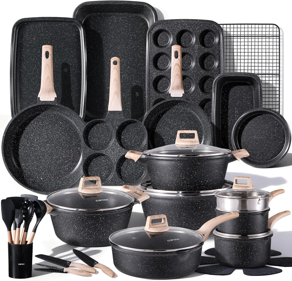 CAROTE 44pcs Pots and Pan Set Nonstick, Cookware Sets, Cooking Set Non Stick, Induction Cook Ware with Bakeware Set, Kitchen Knife Set
