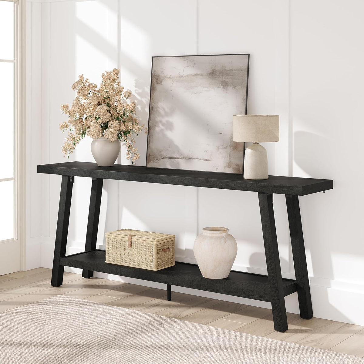 GarveeHome 70.87" Extra Long Console Table, Narrow Sofa Table Behind Couch, Black Entryway Table for Hallway Living Room Foyer, Farmhouse Accent Skinny Table, Black, 70.87" L x 14.02" W