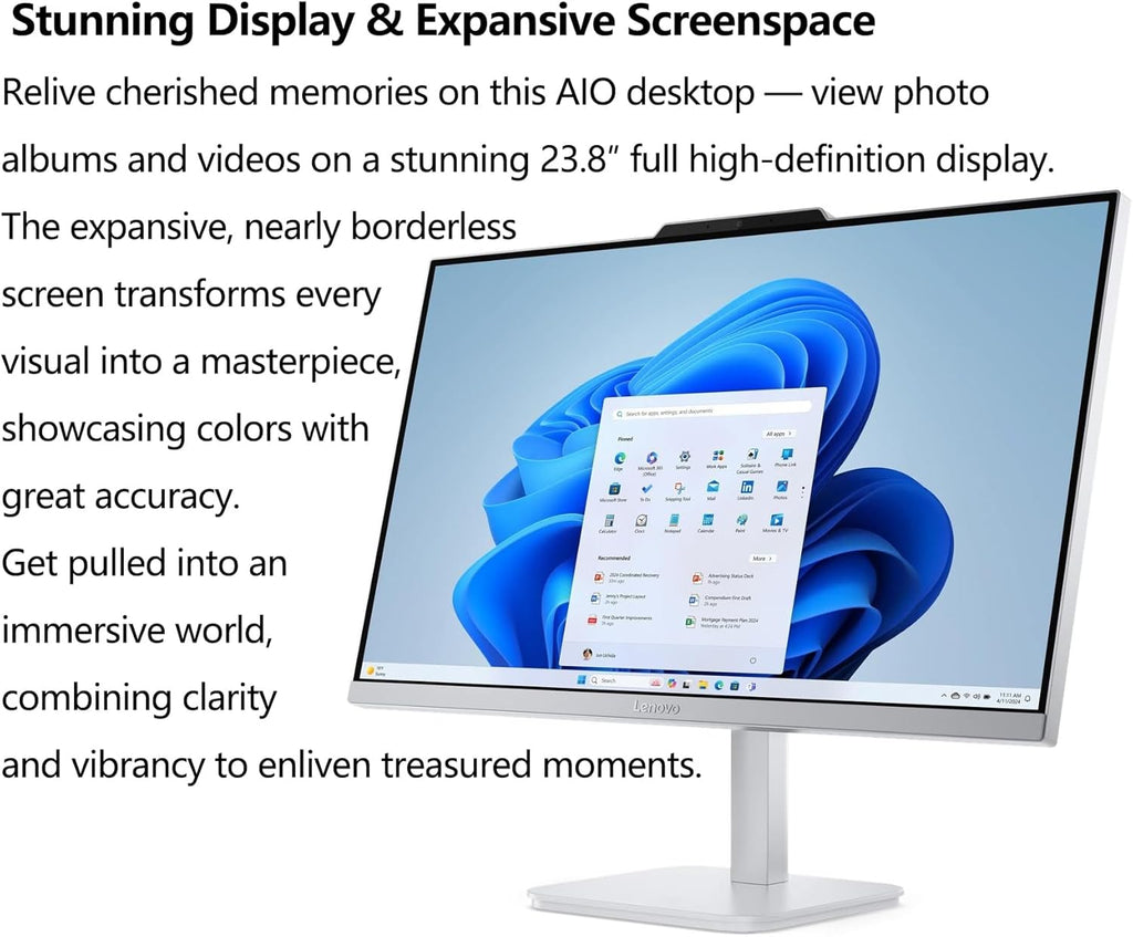 Lenovo 24 23.8" All-in-One Desktop Computer for Home Office, 16GB DDR4 RAM, 512GB PCIe SSD, Intel Processor 8-Core i3-N305, Lifetime Office 365 for Web, FHD AIO PC, WiFi 6, BT 5.2, Win 11, White