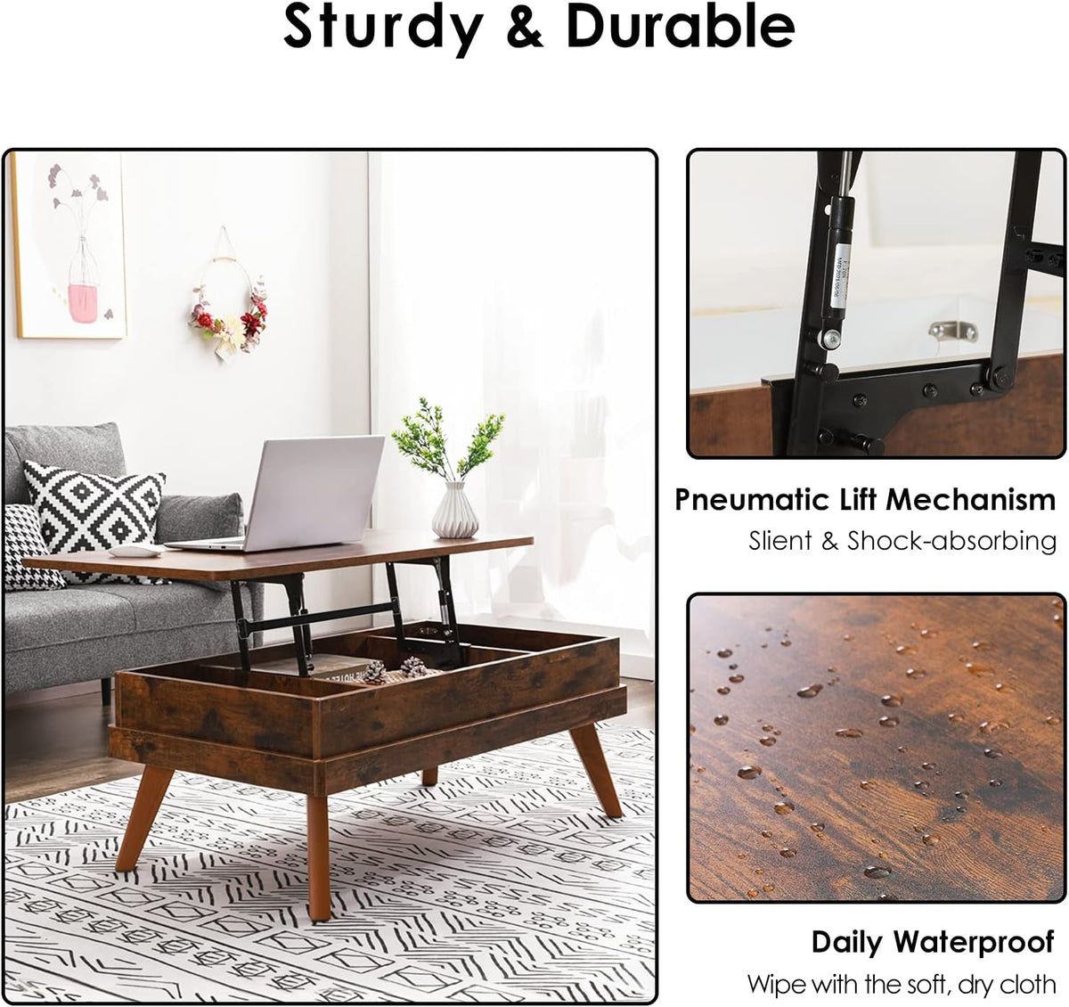 Lift Top Coffee Table, Easy-to-Assembly Center Table with Hidden Storage Compartment, Industrial Lift Tabletop Dining Table for Living Room Reception/Home Office, Rustic Brown