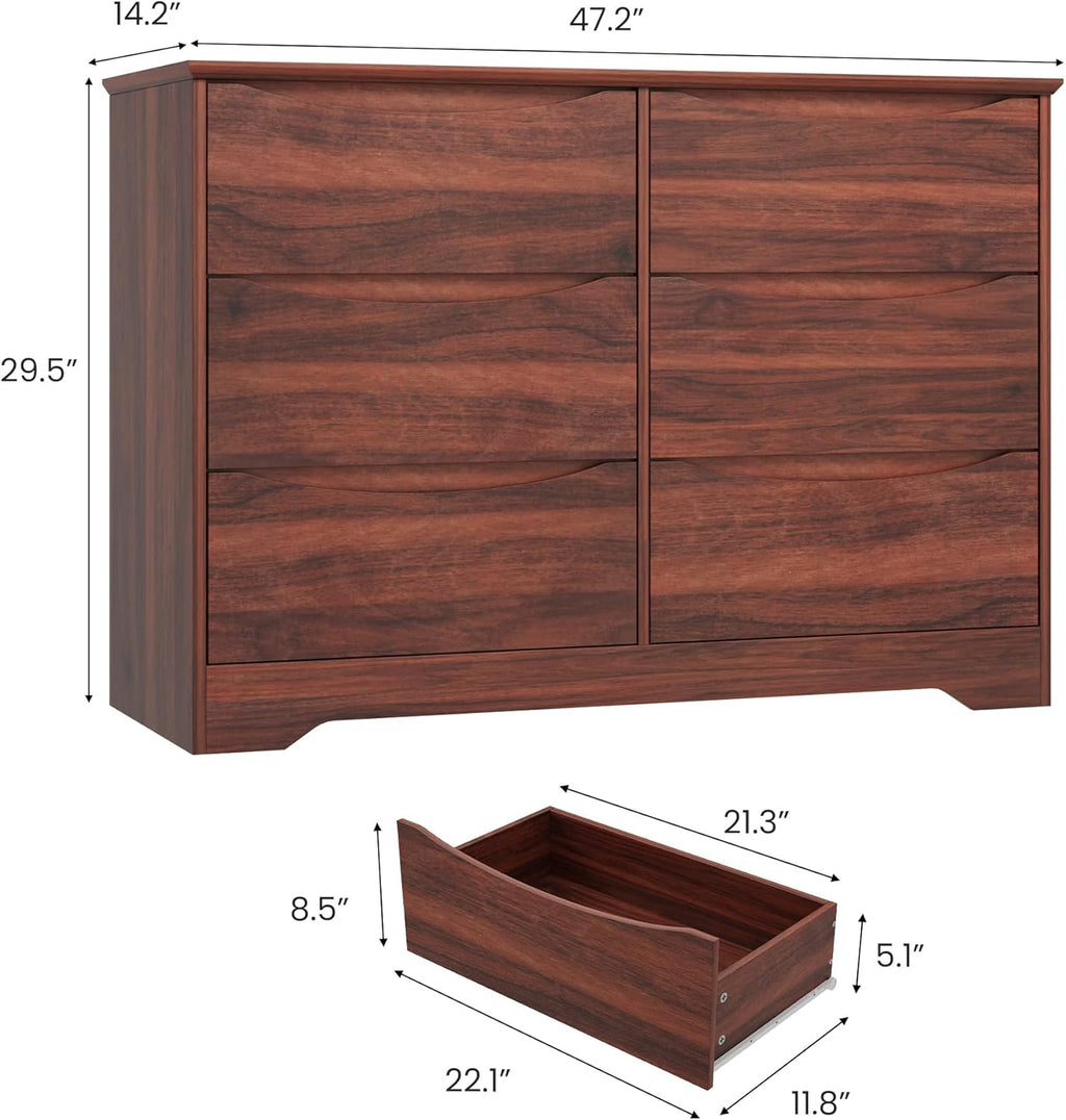 GarveeHome Wooden Dresser with 6 Drawers, Tall Modern Closet with Deep Storage, Large Chest of Drawers with Wide Top, Long Storage Dresser for Bedroom, Living Room, Hallway, Kids Room, Red Walnut