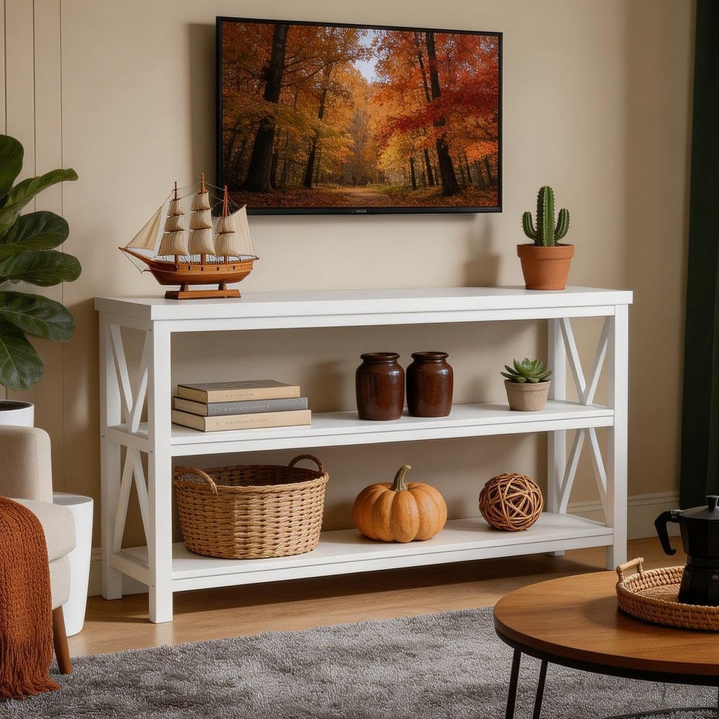 FATORRI Console Table for Entryway, Long Sofa Table with 3 Tier Shelves, Modern White Hallway Tables for Living Room (55 Inch, White Oak)