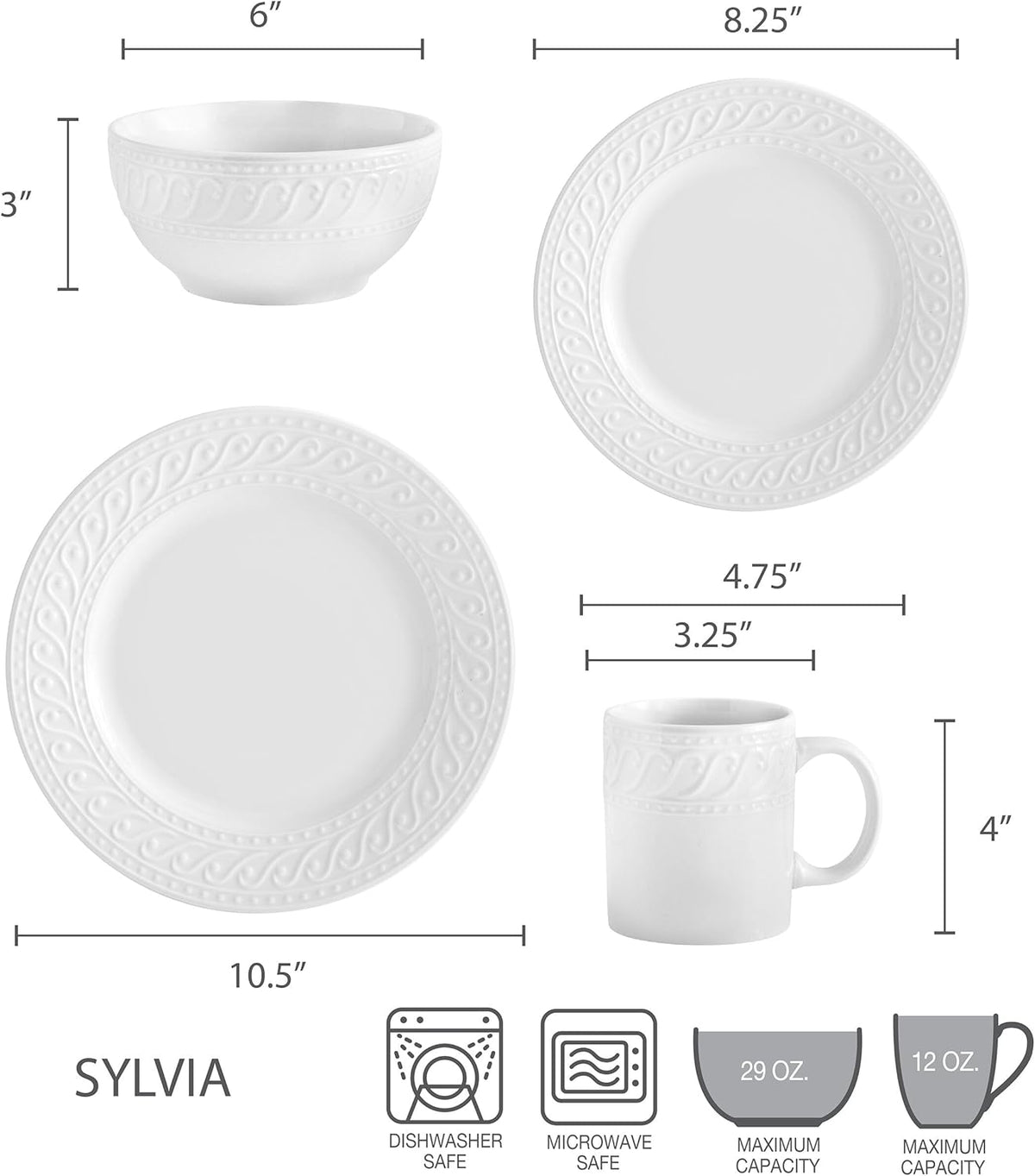 Pfaltzgraff Sylvia 32-Piece White Dinnerware Set, Service for 8, Durable Stoneware Plates, Bowls, and Mugs, Microwave and Dishwasher Safe