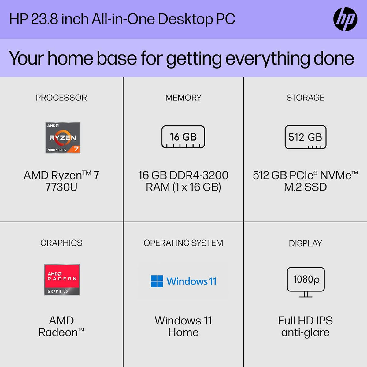 HP 23.8 inch All-in-One Desktop PC, FHD Display, AMD Ryzen 7 7730U, 16 GB RAM, 512 GB SSD, AMD Radeon Graphics, Windows 11 Home, 24-cr0090 (2023)