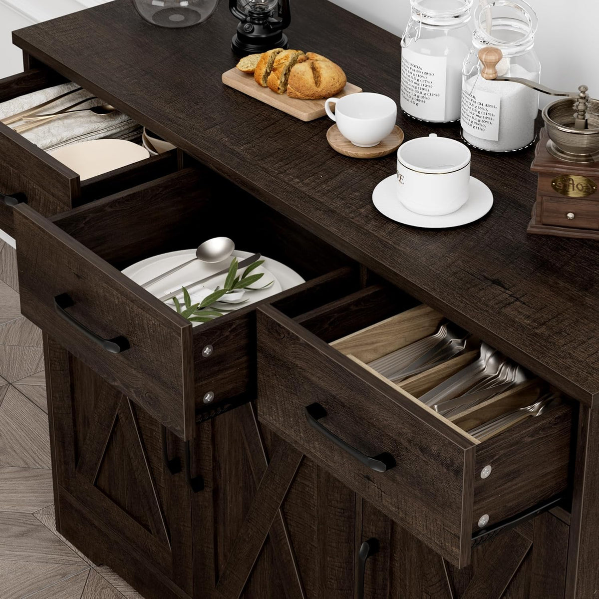 HOSTACK Modern Farmhouse Buffet Sideboard Cabinet, Barn Doors Storage Cabinet with Drawers and Shelves, Wood Coffee Bar with Storage for Dining Room, Kitchen, Living Room, Dark Brown