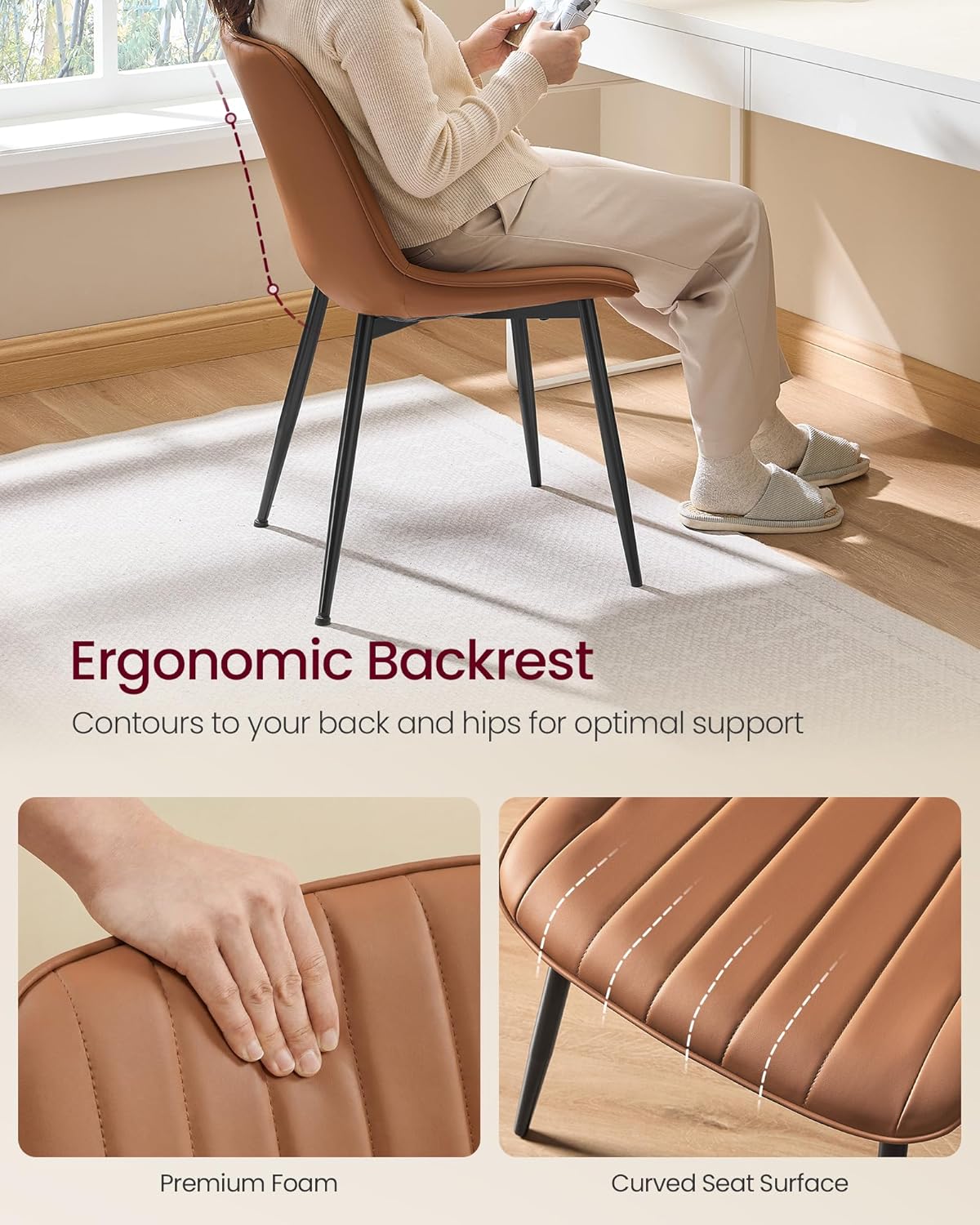 VASAGLE Dining Chairs Set of 6, Upholstered Kitchen Chairs, Synthetic Leather, Max. Load 264 lb, Steel Legs, Curved Backrest, for Dining Room, Caramel Brown and Ink Black ULDC090KN03-3J