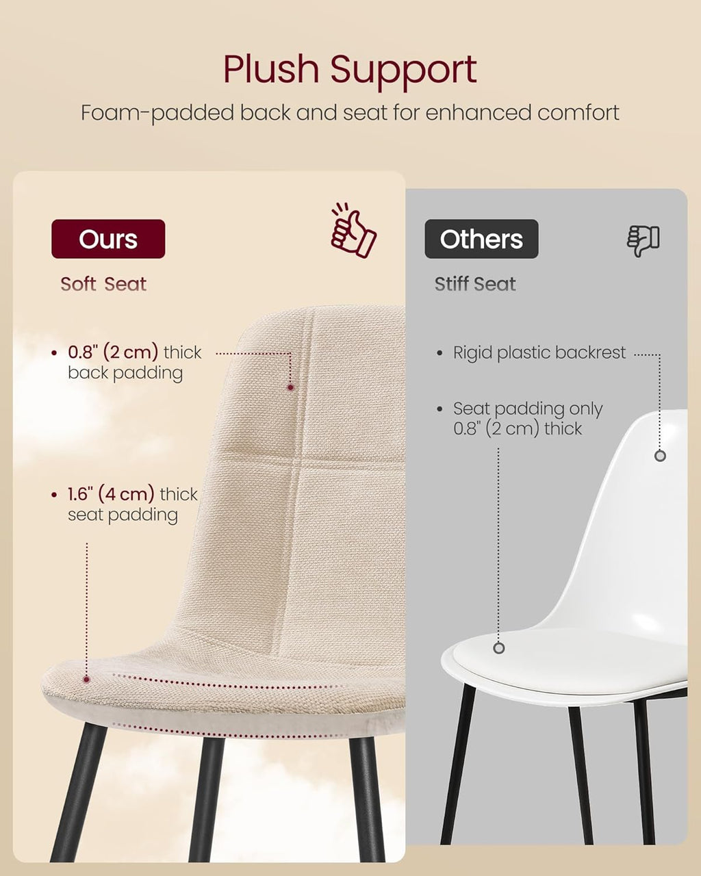 VASAGLE Dining Chairs, Set of 4 Dining Room Chairs, Metal Frame, Adjustable Feet, Easy to Clean, Chenille Fabric, Glacier-Textured Synthetic Leather, for Kitchen, Cream White UKDC188W01