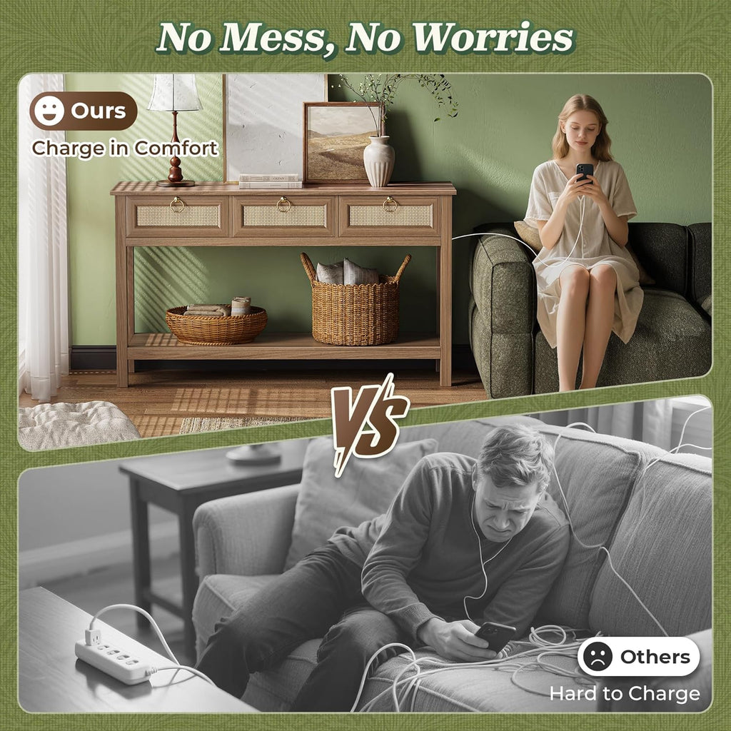 SUPERJARE Rattan Console Sofa Table with Outlets and USB-C Port, 3 Drawer Entryway Table with Synthetic Rattan Surface, Open Shelf, Behind Couch Entry Foyer Hallway Storage, Brown