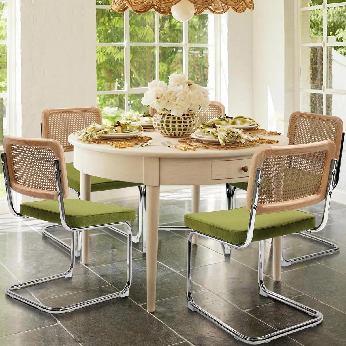 KROFEM Dining Chairs Set of 4, Modern Rattan Kitchen Chairs, Mid Century Modern Design, Polished Chrome Frame, Upholstered Seat, Green