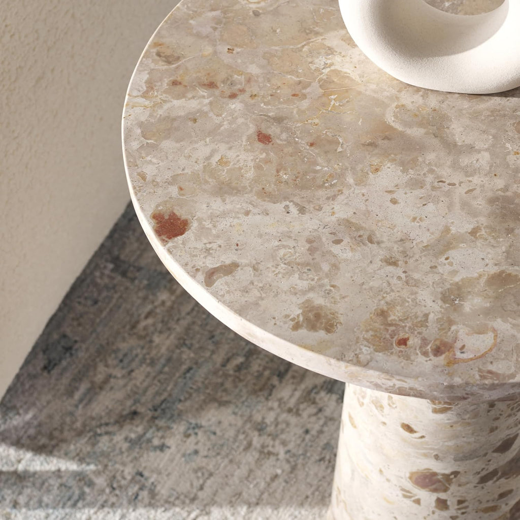 SAFAVIEH Furniture - Valentia Tall Marble Accent Table - Beige - Marble Top - Glam Stone Pedestal Design - Ideal for Living Room, Entryway, Dining Room, 20.5" W x 20.5" D x 23.5" H (SFV9703I)