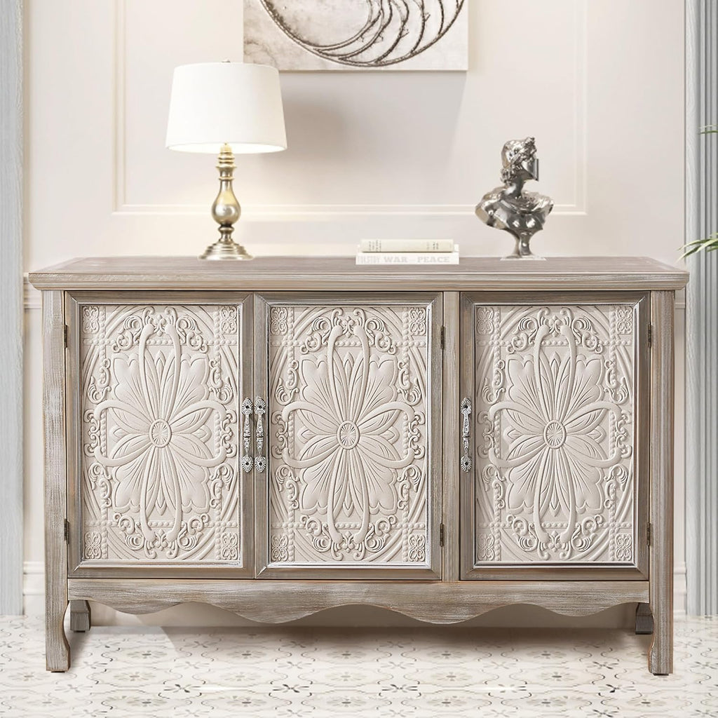 RoyalCraft Farmhouse Sideboard Buffet Cabinet with Storage, 49" Solid Wood Credenza Buffet Table Coffee Bar Wine Bar Storage Cabinet with 3 Doors for Dining Room Living Room Hallway, (Provence Gray)
