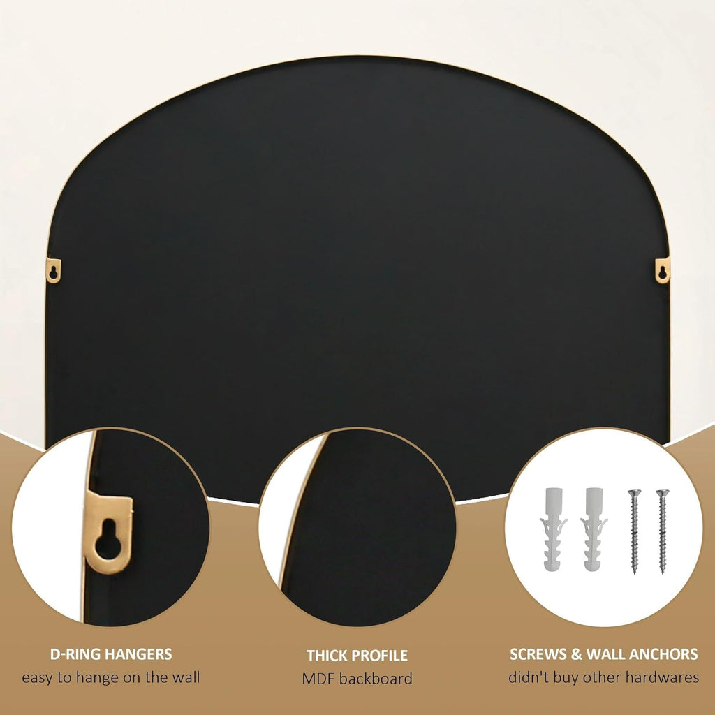 Besdomus Arched Wall Decorative Mirror: 32"x30" Ornate Brass Gold Wall Mirror - Arch Metal Framed with Vine Decorative - Modern Farmhouse for Bathroom/Fireplace/Entryway/Living Room