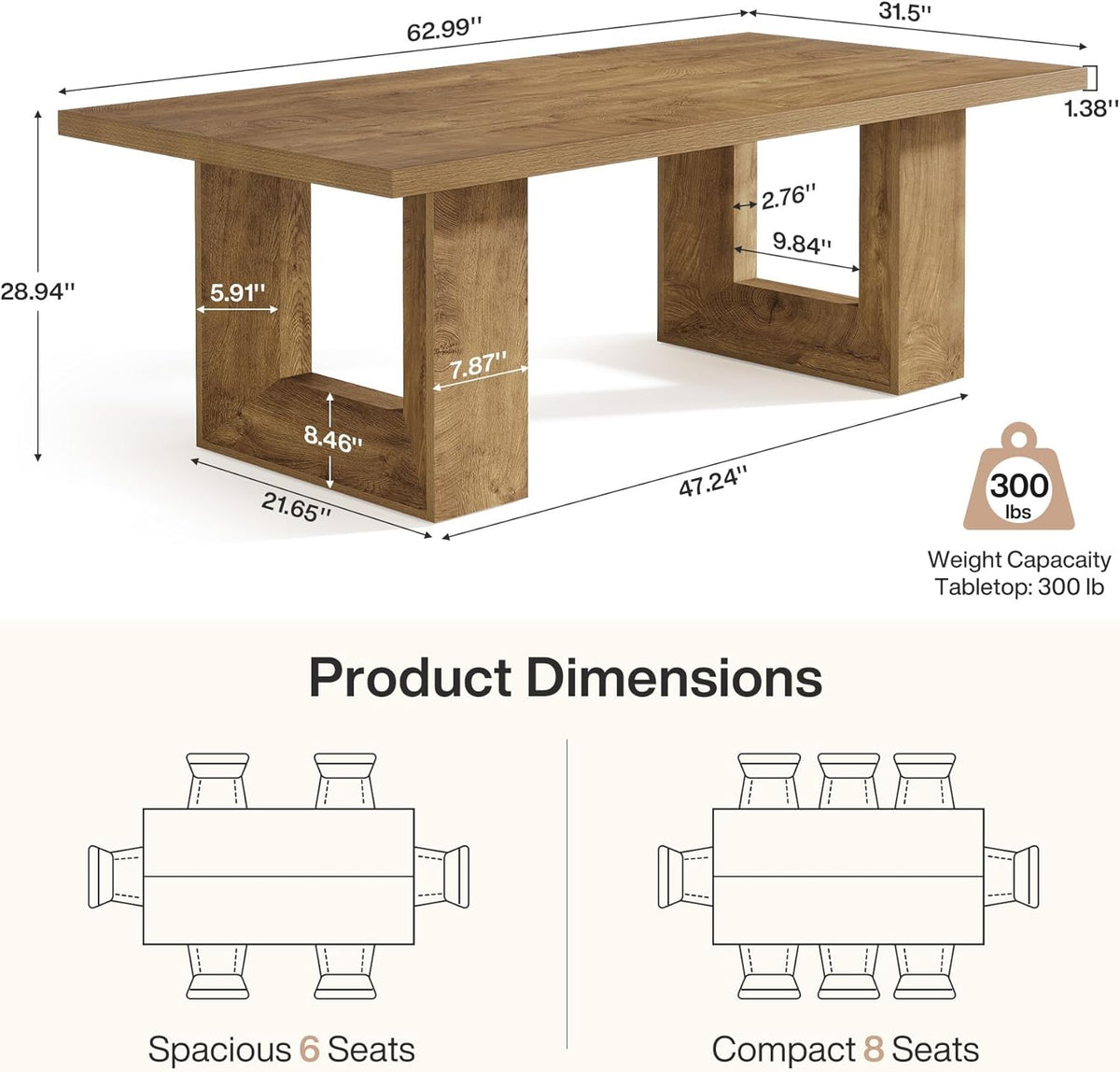 Tribesigns Farmhouse Dining Table, 63-Inch Rectangular Kitchen Table with Strong Geometric Frame for Kitchen & Dining & Living Room, Brown