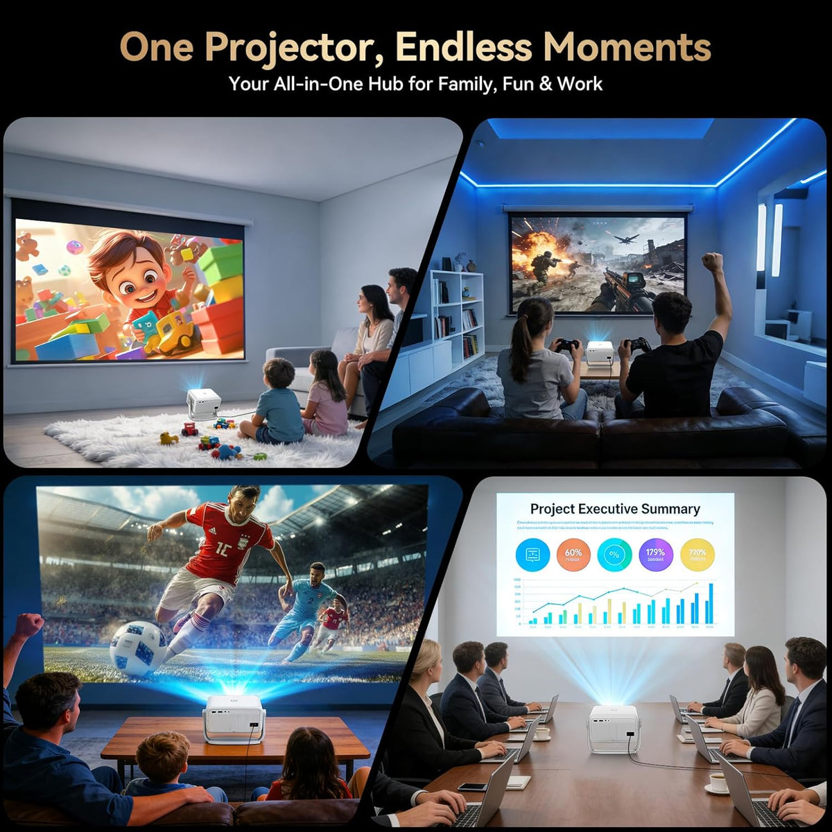 【Officially-Licensed APP & 4k Support】Smart Projector with 5G WiFi and Bluetooth with Auto Focus & Keystone, Native 1080P Outdoor Movie Projector Bedroom/Home/Celling