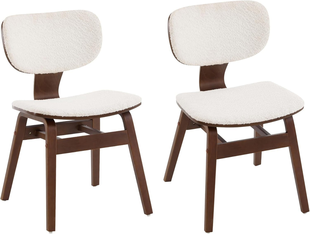 Christopher Knight Home Set of 2 Soft Boucle Fabric Upholstered Dining Chairs with Wood Frame, Curved Backrest Armless Accent Chair, Side Chair with Support Bar, Dining Room, Kitchen, White and Walnut