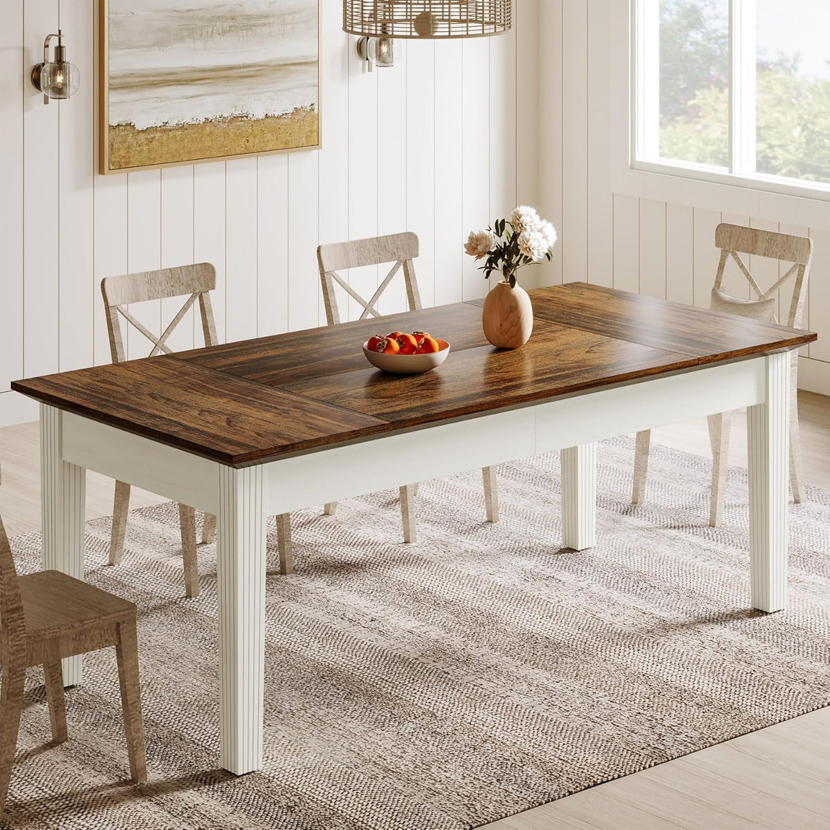 Tribesigns Dining Table for 4-6 People, 62-Inch Rectangular Kitchen Table with Solid Wood Legs, Modern Farmhouse Dinner Table for Dining Room, Kitchen, Living Room, Rustic Brown & Cream White