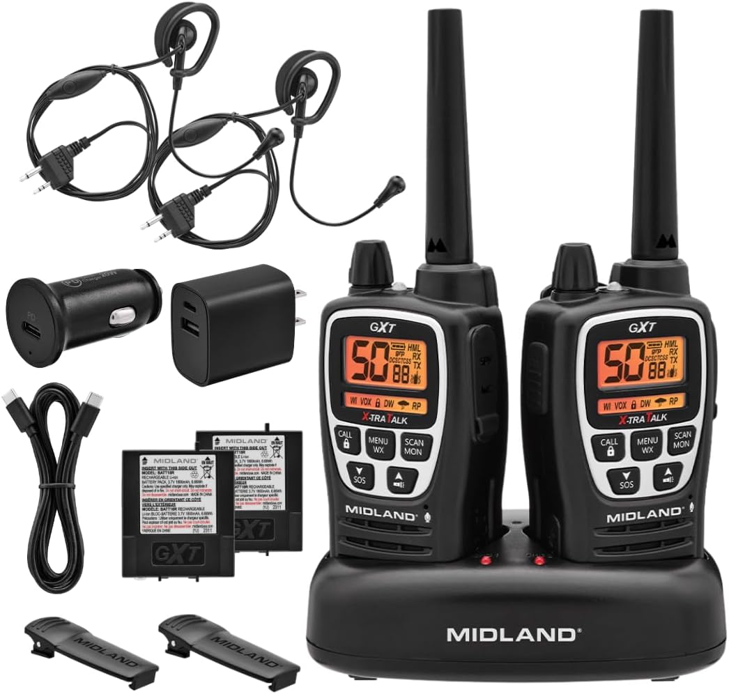 Midland GXT3000 GMRS Two-Way Radio (50-Channel, Repeater Capable, Long Range, 142 Privacy Codes, SOS, NOAA, Rechargeable Lithium Ion Battery, Black/Silver, 2-Pack)