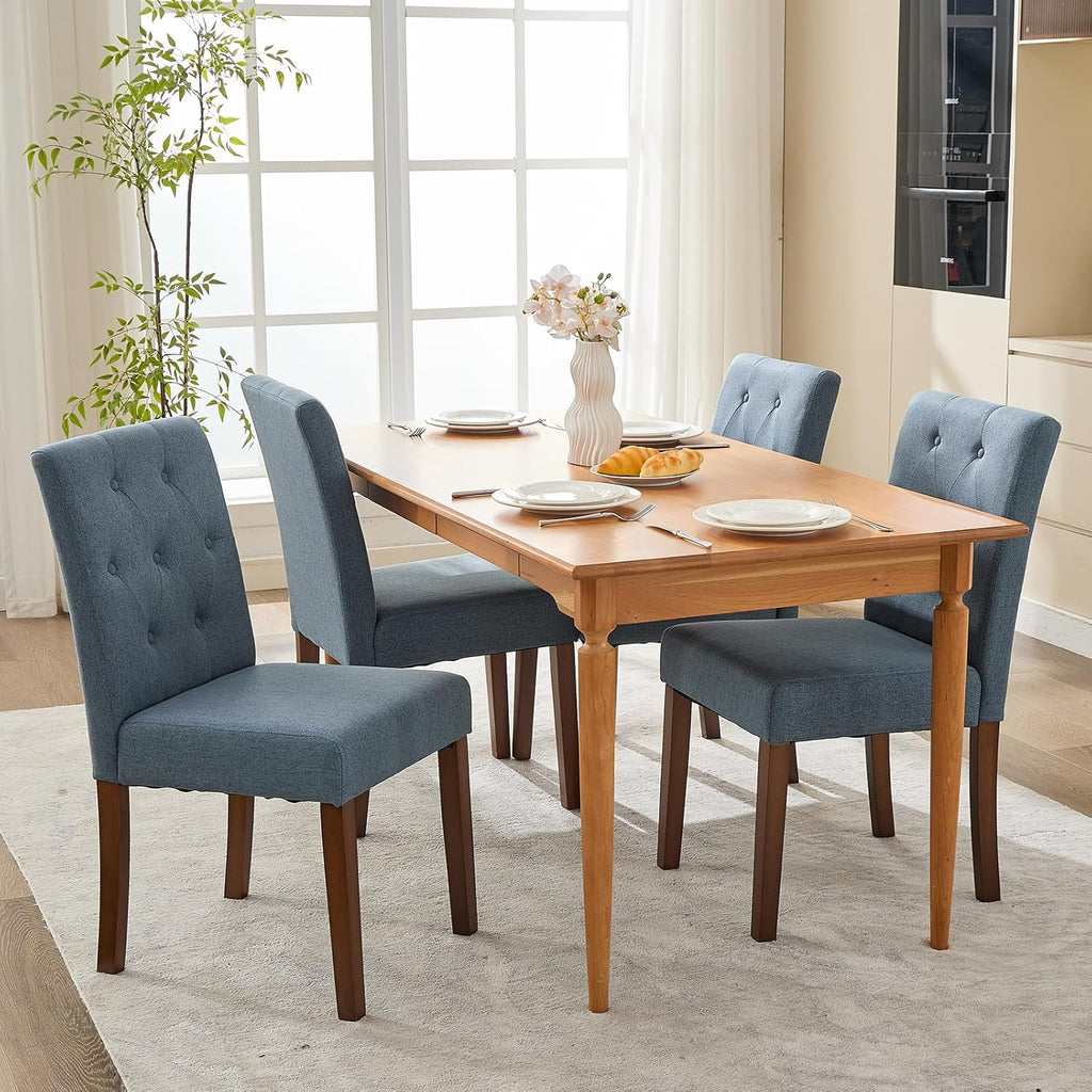 IDEALHOUSE Dining Chairs Set of 6, Linen Fabric Upholstered Parsons Chairs with Rubberwood Legs, Comfortable Padded Seat Kitchen, Dining Room Side Chairs, Living Room Blue