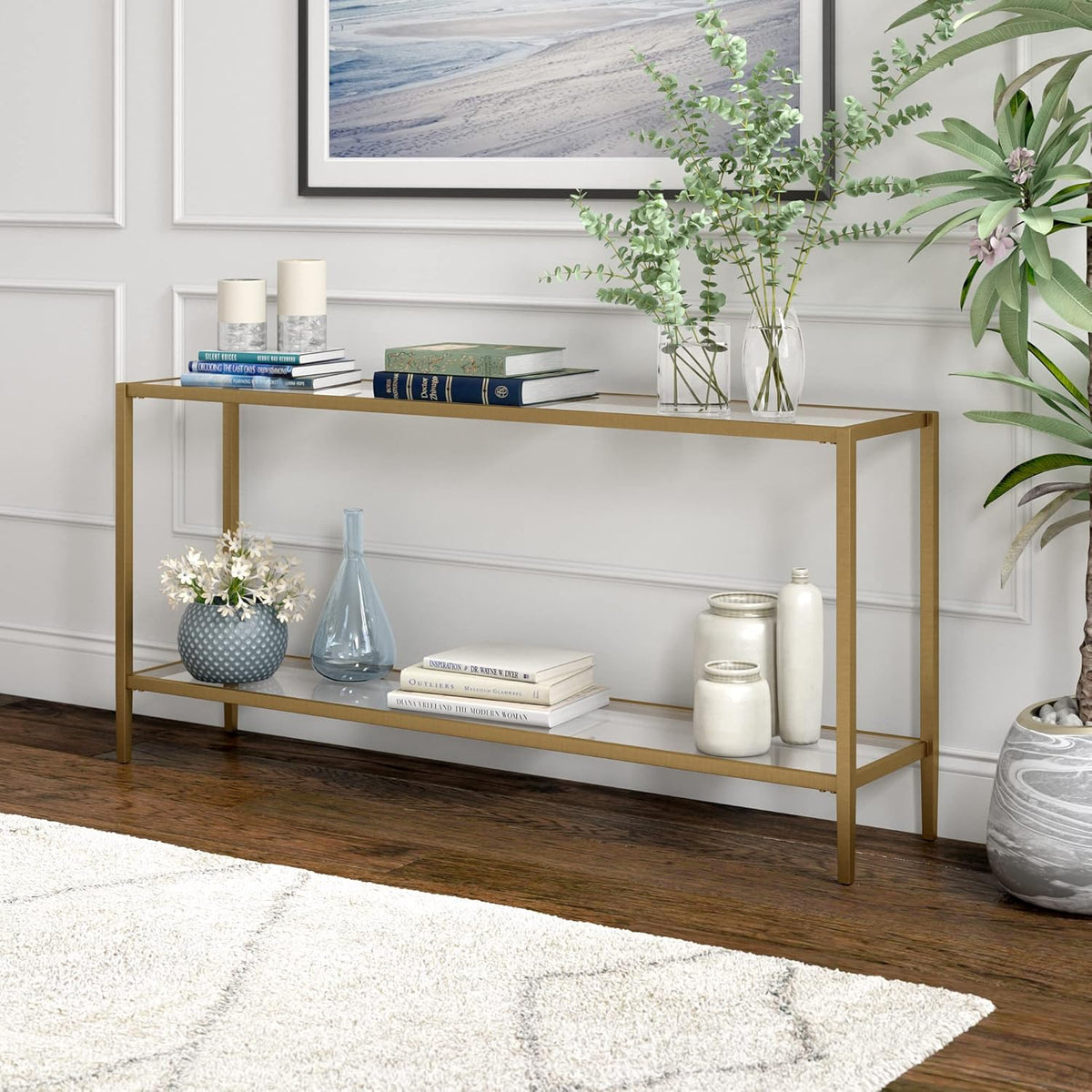 Henn&Hart 64" Wide Rectangular Console Table with Glass Shelf in Brushed Brass, Entryway Table, Accent Table for Living Room, Hallway