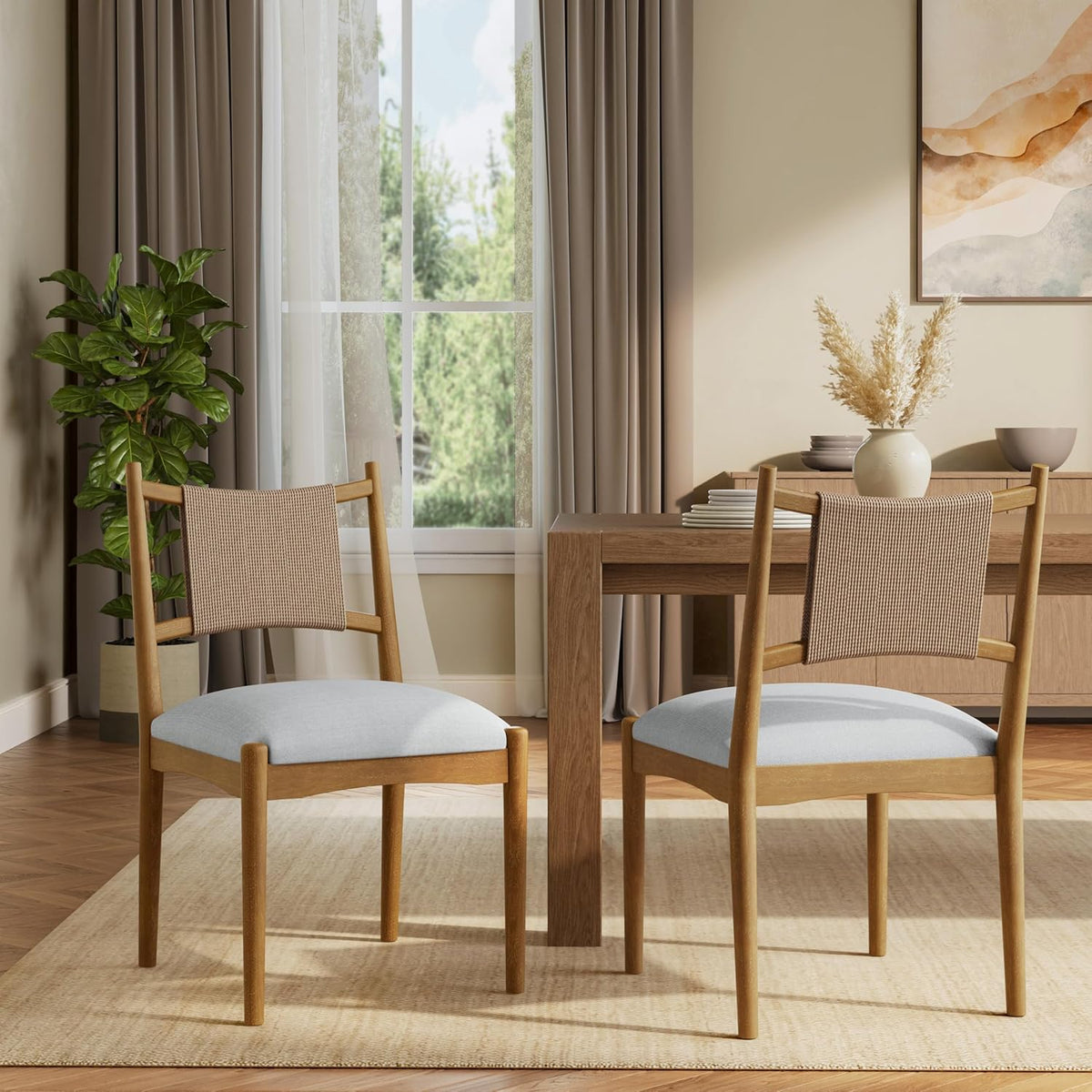 Christopher Knight Home Yudidi Mid Century Modern Dining Chairs Set of 2, Dining Room Chairs with Fabric Upholstery, Rubberwood Frame Kitchen Chairs with Paper Rope Backrest, Beige+Light Brown+Natural