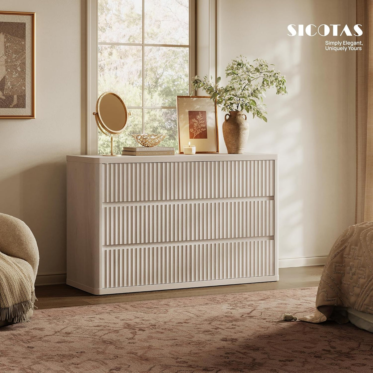 SICOTAS Dresser for Bedroom with 7 Drawers 53.5" Large Fluted Dresser TV Stand Modern Bedroom Dressers & Chests of Drawers Horizontal Wooden Dressers Storage Organizer for Hallway Closet Entryway